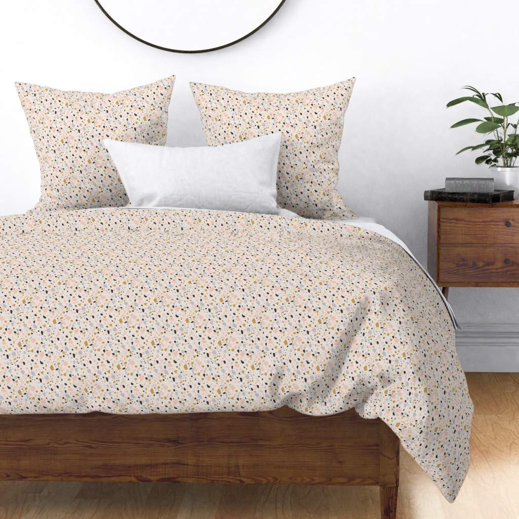 Custom Terrazzo Coral Gold Stone Marble Print Cotton Sateen Duvet Cover - King/California King Size - Nature Inspired Black Beige Fashion Bedding for Modern Home Decor