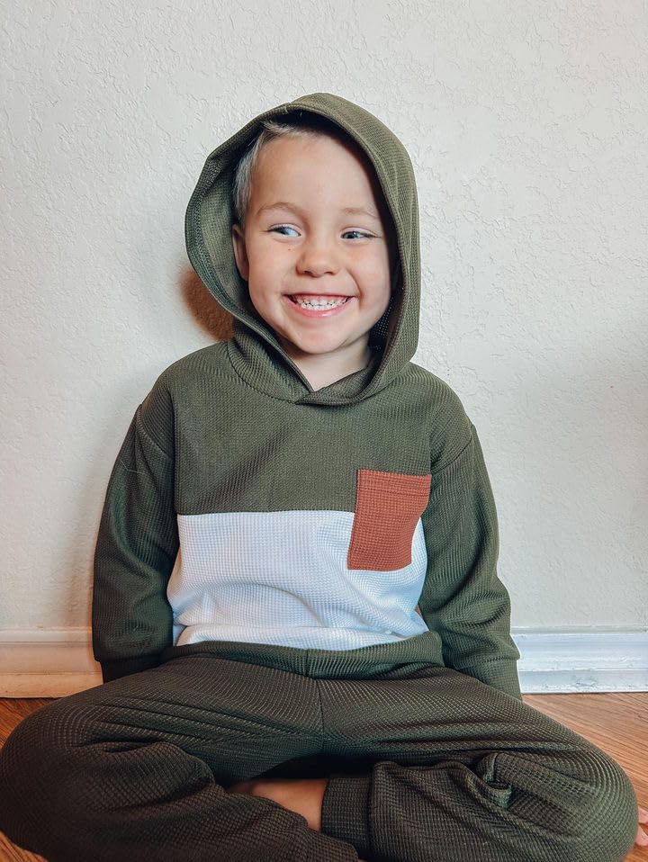 Boys' Fall Winter Waffle Hooded Sweatshirt & Pants Outfit Set - Color Block Long Sleeve Toddler Clothes for Playdates & Outdoor Activities
