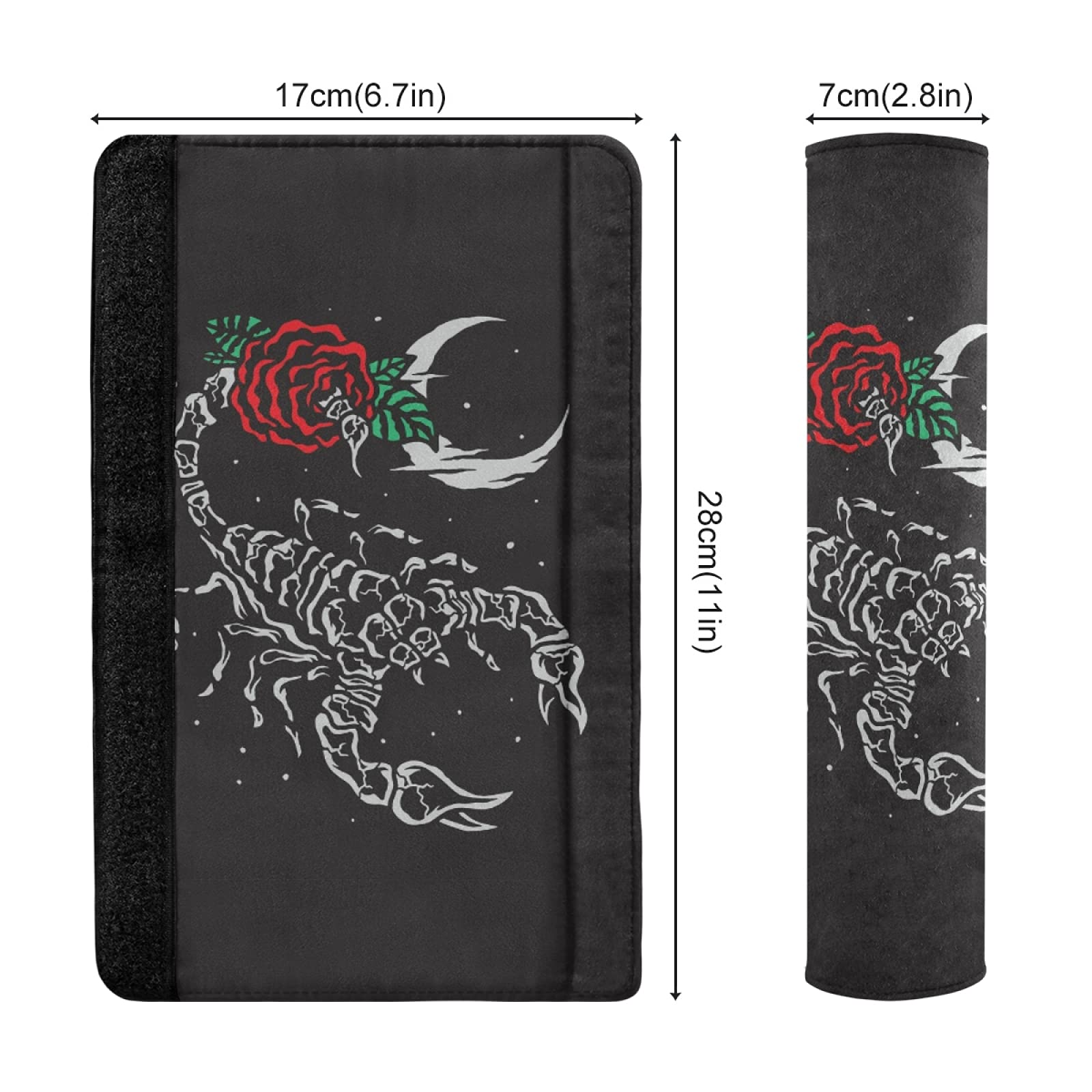 Scorpion Red Rose Flowers Crescent Moon Black Adjustable Car Seat Belt Pad Cover - Universal Shoulder Strap Cushion for Adults & Kids - Comfortable Driving Protection for Long Trips, Commuting, and Road Trips