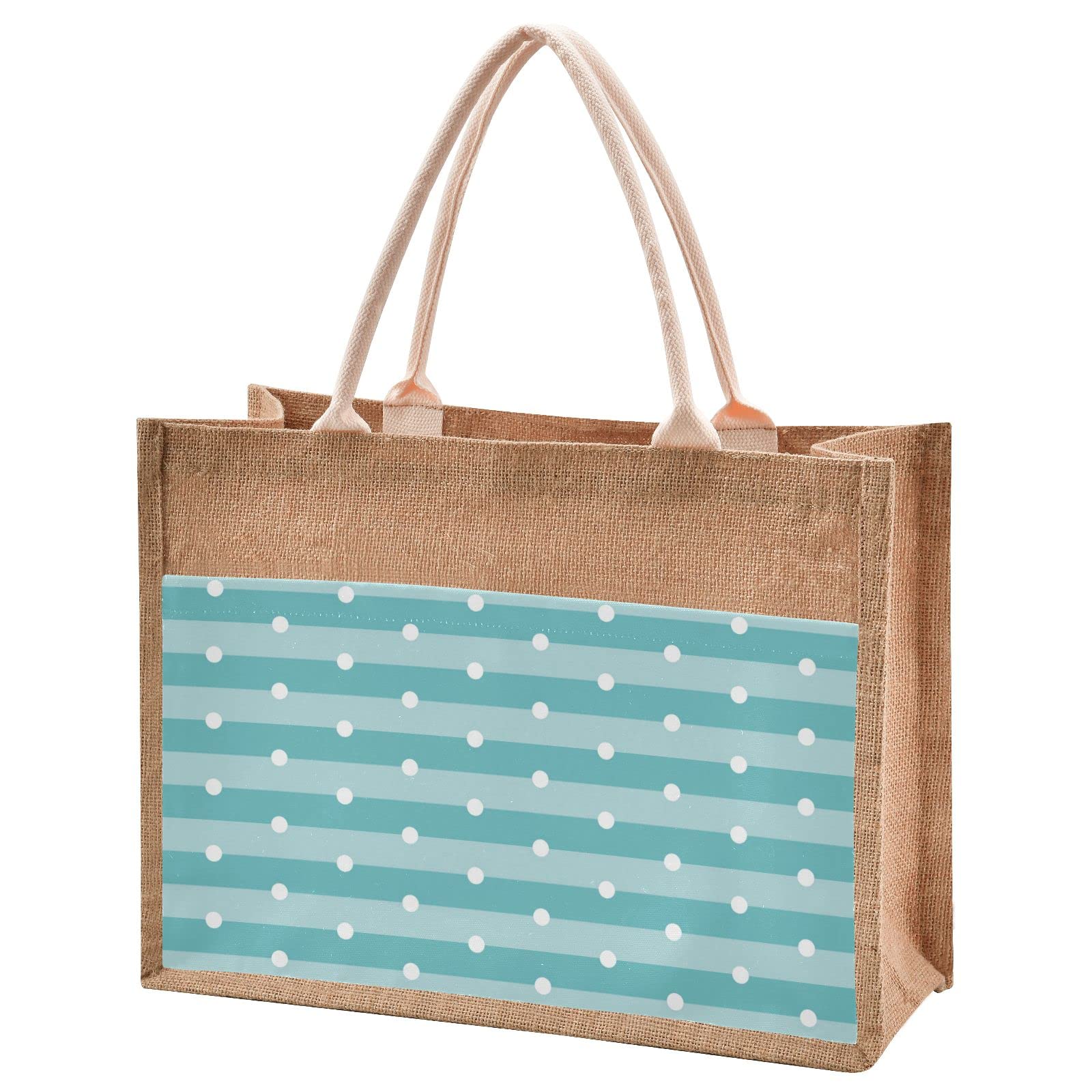 Linqin Blue Jute Tote Bag - Waterproof Round Dots Design Burlap Straw Grocery Shopping Bag for Women, Beach Travel, Picnic & Farmers Market
