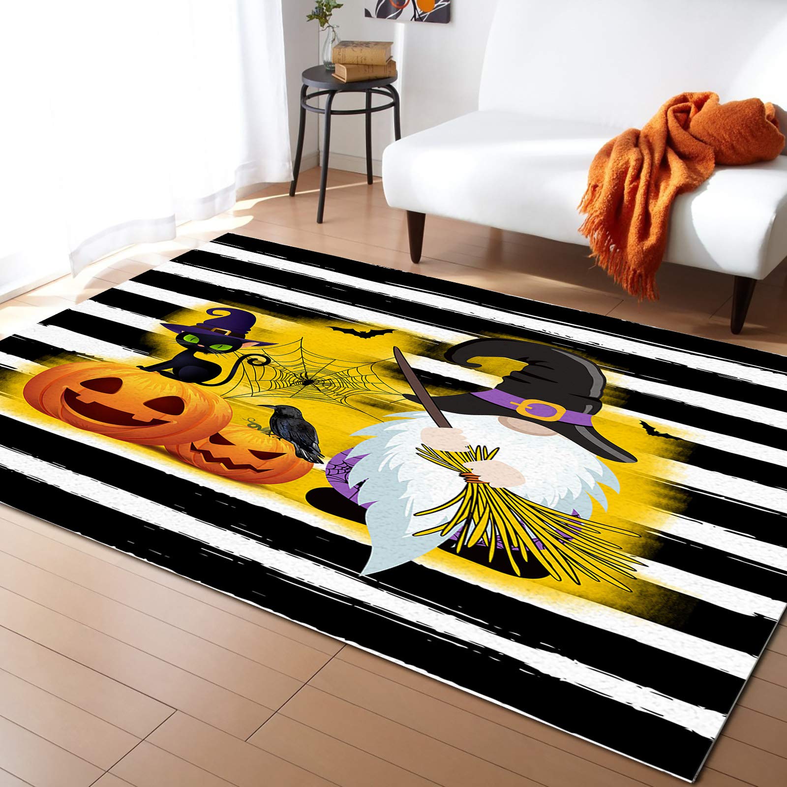 Halloween Pumpkin Cartoon Black Cat Gnome Broom Area Rug - Soft Indoor Carpet for Bedroom, Living Room & Kids Room - Comfy Floor Mat with Black White Stripe Design - Perfect for Fall Decor, Spooky Home Accents & Cozy Seasonal Vibes