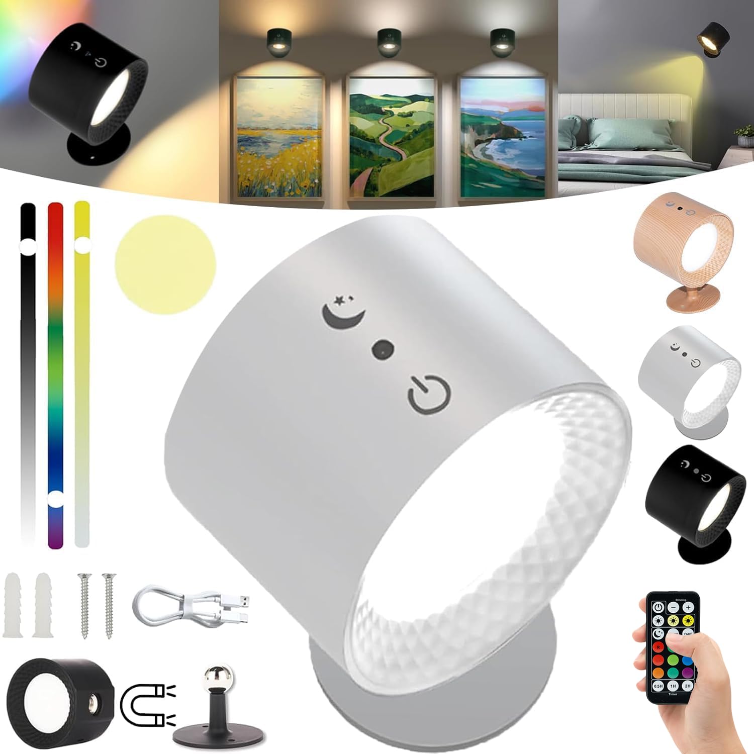 Glowright Smart LED Lights - 3 Color Temperatures, Dimmable, 360° Magnetic Rotation, Cordless, 7 Adjustable Colors for Home, Office & Bedroom Lighting (White, 1 Pack) - Perfect for Reading, Decor & Ambient Lighting