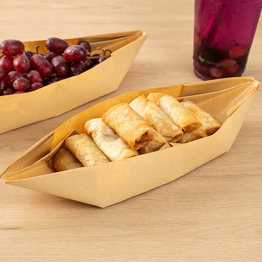 Restaurantware 13.5 Inch Disposable Kraft Paper Food Boats - 100 Pack Greaseproof Foldable Food Trays for Parties, Finger Foods & Catering | Eco-Friendly Origami Design for Snacks, Appetizers & Events