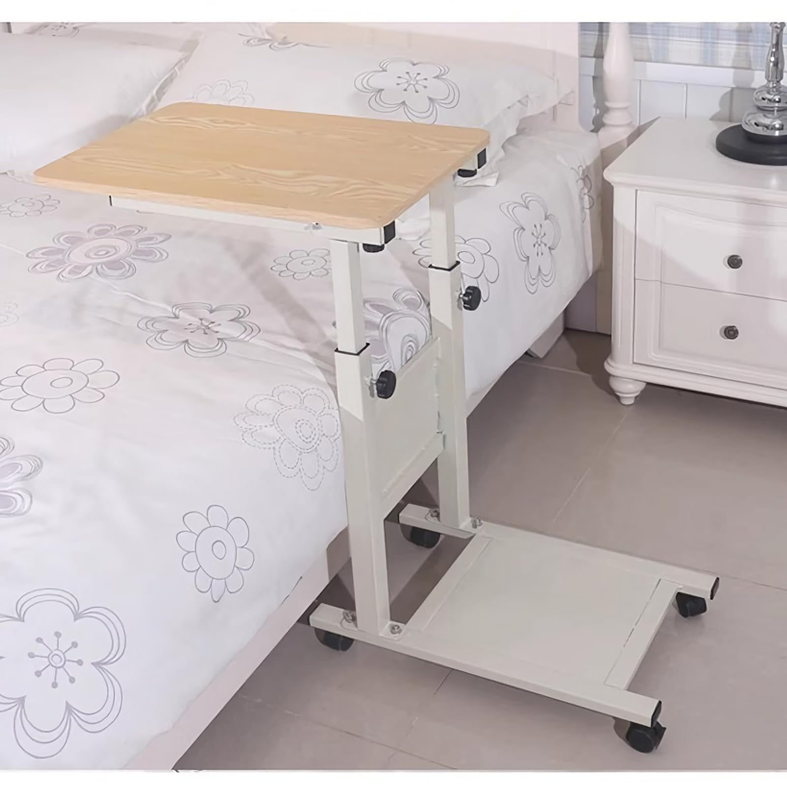 Adjustable Over Bed Table with Wheels - Portable Hospital Tray Table, Rolling C-Shaped Bedside Table for Laptop, Meals & Snacks - Perfect for Hospital, Home, Nursing Care & Wheelchair Use