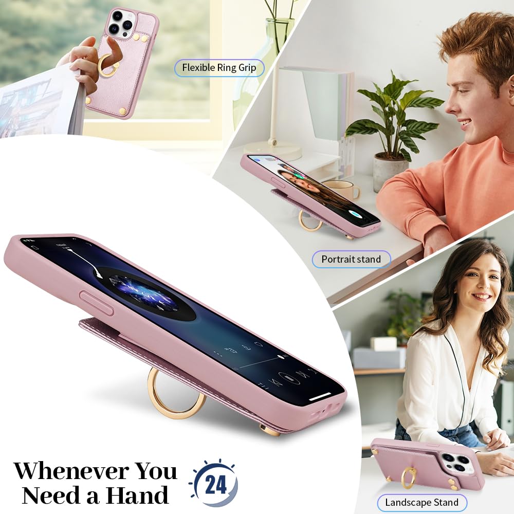 LAMEEKU Wallet Case for iPhone 13 (6.1 Inch 2021) - RFID Blocking Leather Cover with Card Holder, 360° Rotating Ring Kickstand & Protective Bumper - Rose Gold | Perfect for Hands-Free Viewing, Secure Card Storage & Everyday Protection