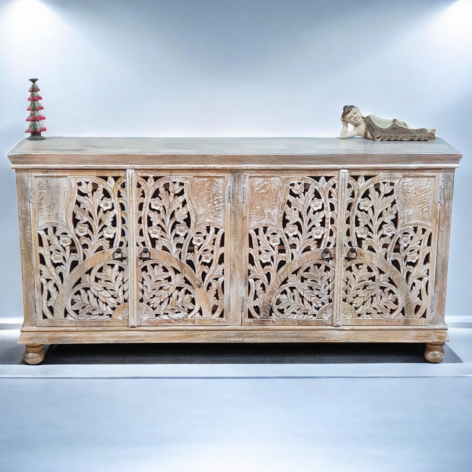 Handmade Carved Indian Mango Wood 4-Door Sideboard Cabinet - White Finish (180x40x90 cm) - Perfect for Dining Room Storage, Living Room Decor & Entryway Organization