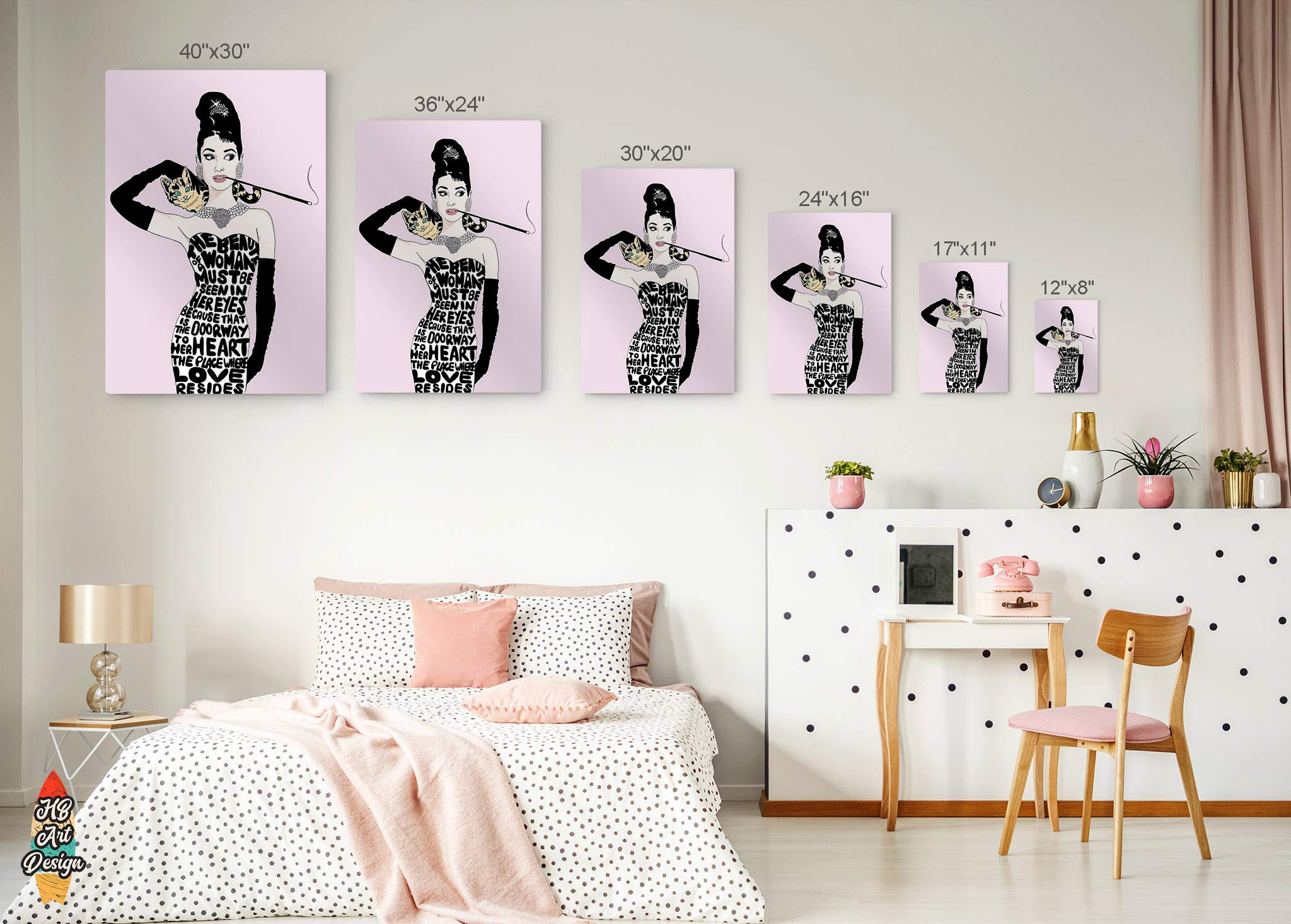 HB Art Design Audrey Hepburn Wall Art with Cat - Breakfast at Tiffany's Movie Inspired Digital Print on Metal - Pink Background Home Decor (24x16 Inches) - Perfect for Bedroom, Living Room & Office Wall Decor