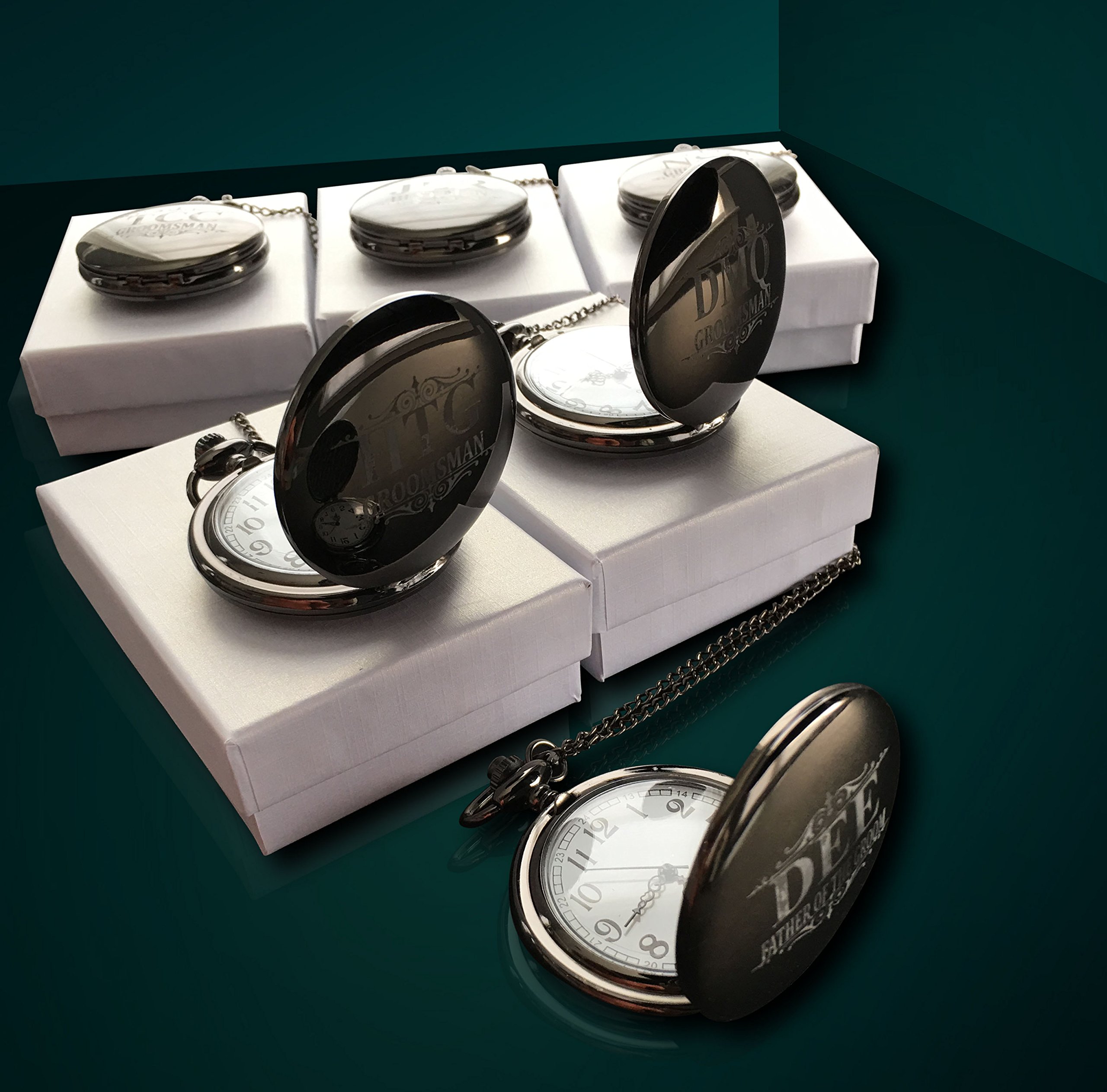 7 Engraved Pocket Watches for Groomsmen - Wedding Gift Set with Chain, Engraving & Gift Box (5 Colors) - Unique His & Her Gifts for Anniversary, Bridal Party & Special Occasions