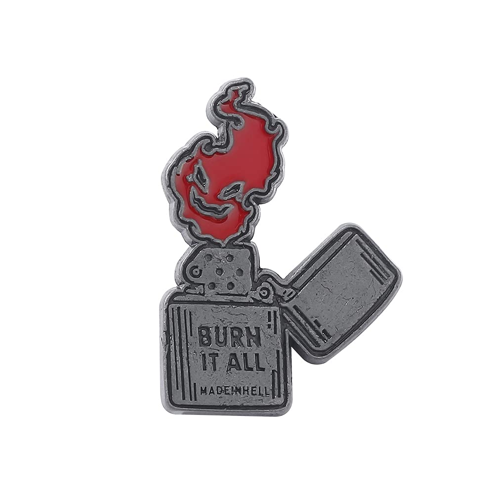 Burn It All Hard Enamel Pin - Gothic Punk Lapel Pin with Evil Red Flame Design - Lighter Shaped Brooch for Men & Boys - Perfect for Jackets, Backpacks & Hat Accessories