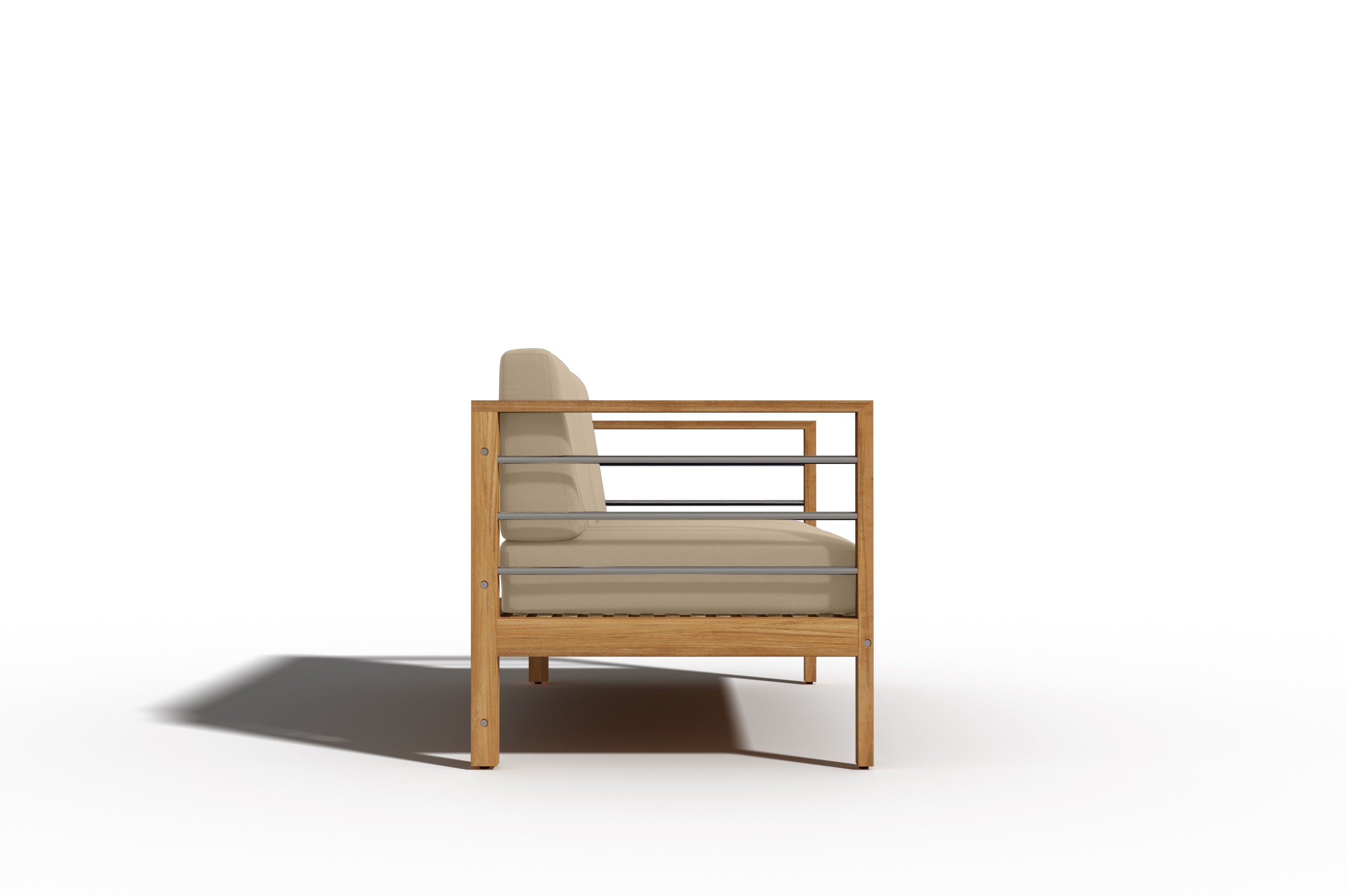 Premium 3-Person Teak Outdoor Sofa with Sunbrella Fawn Cushion – Weather-Resistant Patio Furniture for Garden, Poolside & Backyard Relaxation