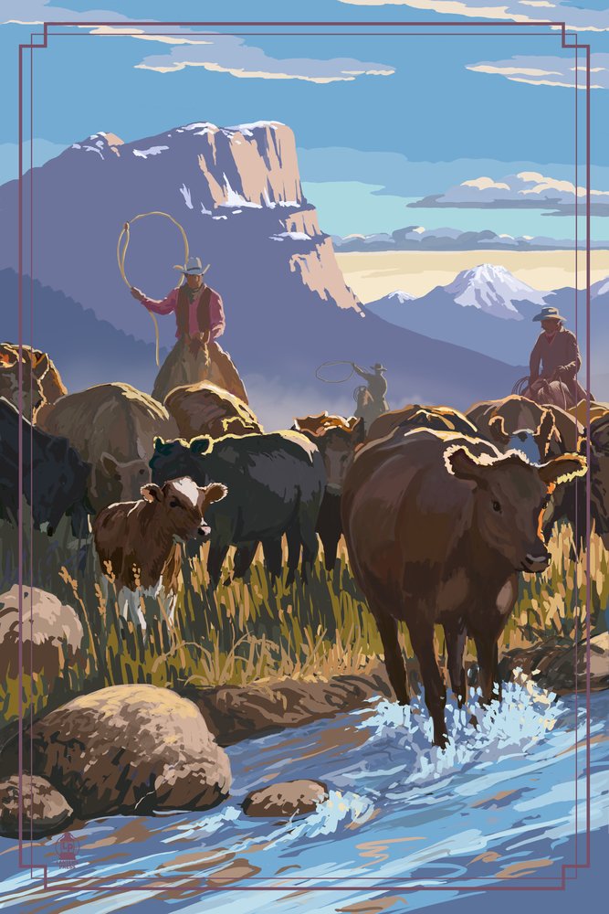 Cowboy Cattle Drive Scene Western Art Print - 16x24 Inch Giclee Gallery Wall Decor, Vintage Travel Poster for Home, Office & Ranch Style Decor