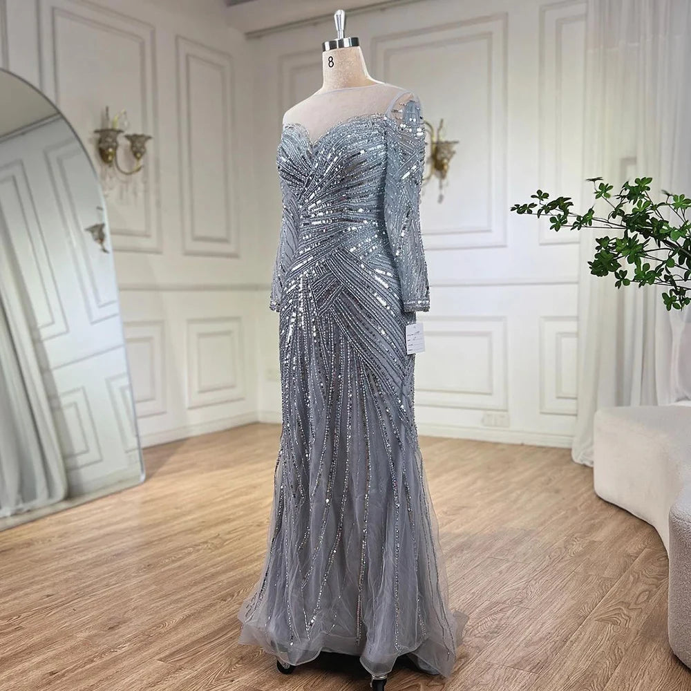 Luxury Gray Beaded Mermaid Evening Gown - Elegant Floor Length Muslim Party Dress for Women - Wedding, Prom, Gala & Special Occasions - Serene Hill Collection LA72295