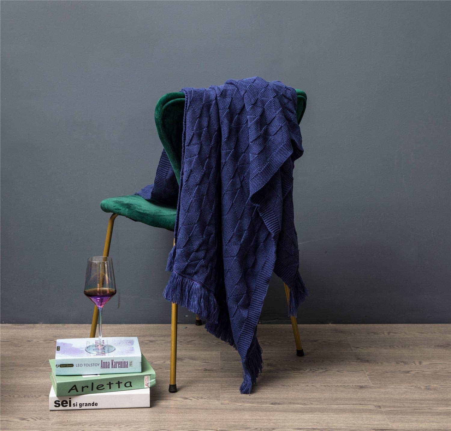 GYROHOME Soft Knitted Throw Blanket with Tassels - Lightweight Warm Decorative Blanket for Bed, Sofa & Couch - 32x78 Inch Jean Blue - Perfect for Living Room, Bedroom & Cozy Home Decor