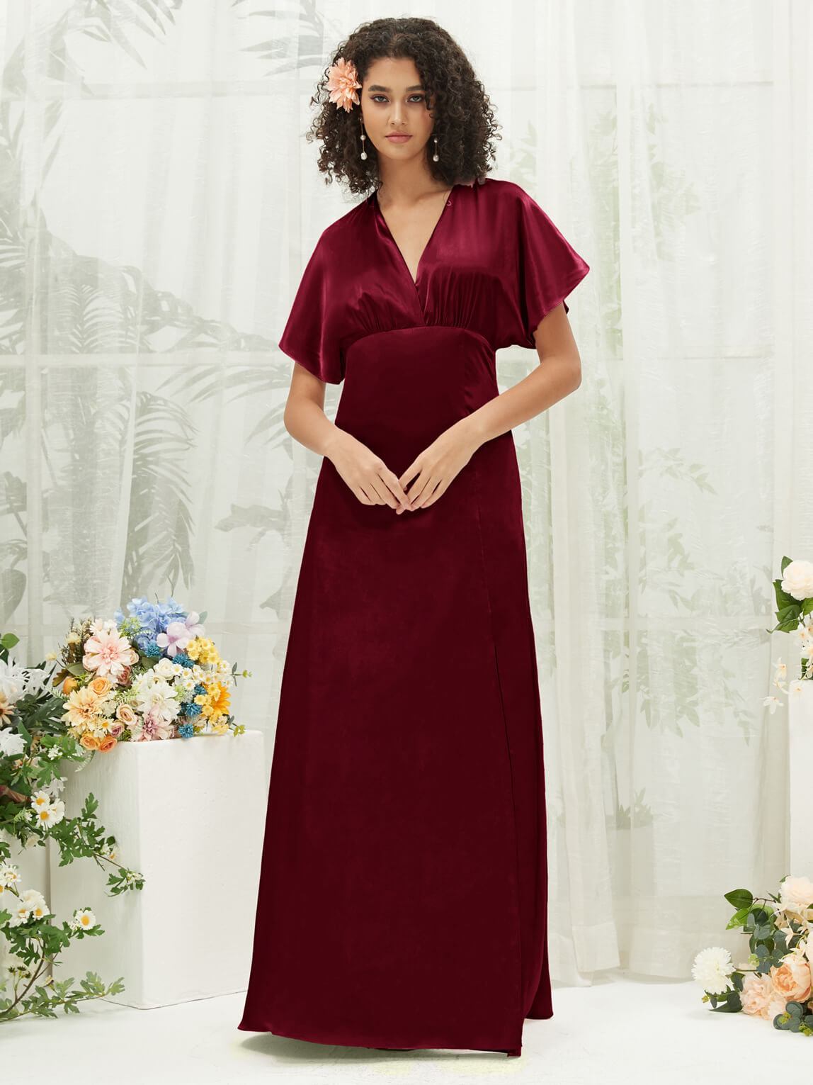 Elegant Burgundy V-Neck Short Sleeve Satin Maxi Bridesmaid Dress with High Slit | Formal Wedding Party Gown for Bridesmaids, Evening Events & Special Occasions