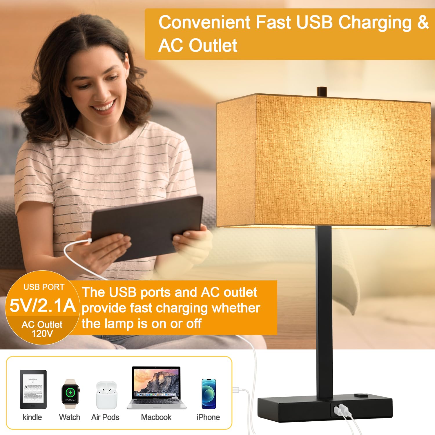 Upgraded Set of 2 Touch Control Bedside Lamps with USB A+C Charging Ports & AC Outlet - 3-Way Dimmable Nightstand Lamps with Fabric Shade, 2700K Warm White LED Bulbs Included - Perfect for Bedroom, Living Room & Office Lighting