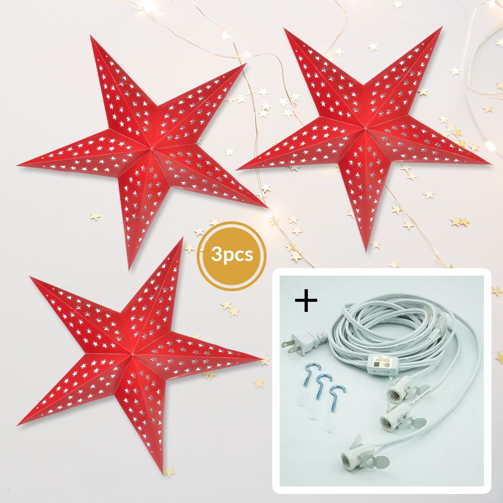 3 Pack 24 Inch Red Starry Night LED Paper Star Lanterns with Light Cord - Decorative Hanging Lights for Bedroom, Party, Wedding & Outdoor Decor