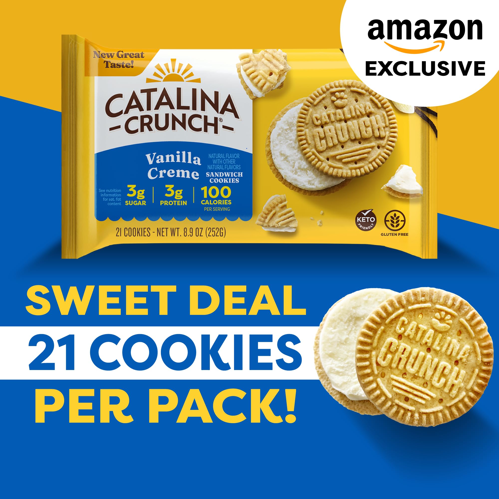 Catalina Crunch Vanilla Creme Sandwich Cookies - Low Carb, Keto Friendly, Sugar Free Snacks - 8.9 oz Pack (21 Cookies) - Perfect for Weight Loss, Diabetic Diets & Healthy On-the-Go Snacking