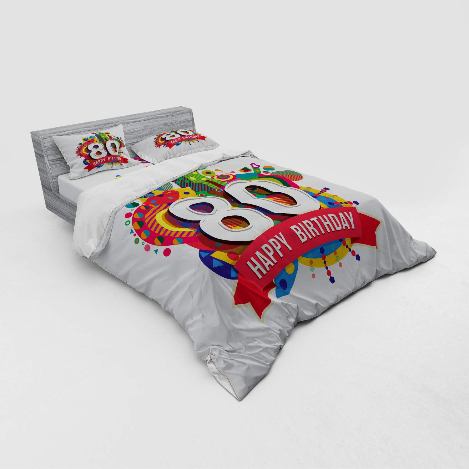 Ambesonne 80th Birthday Duvet Cover Set - Happy Birthday Ribbon with Geometric Castle Boat Design, 4-Piece Queen Size Bedding Set with Shams & Fitted Sheet - Perfect for Birthday Celebrations & Guest Room Decor