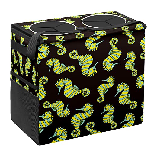 Foldable Leakproof Car Trash Can with Lid & Mesh Pockets - Medium-Sized Hanging Garbage Bin for SUV, Car, Truck - Yellow Green Seahorse Design | Perfect for Road Trips, Commuting & Keeping Your Vehicle Clean