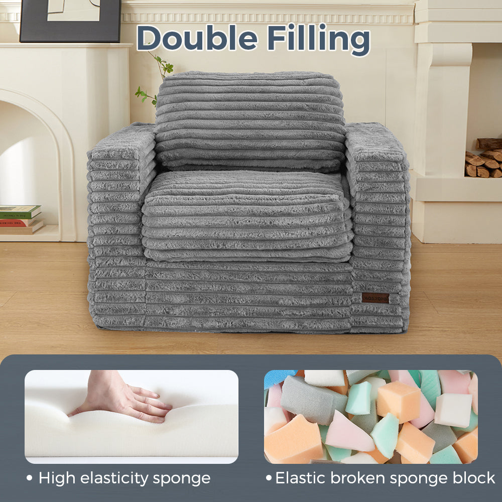 MAXYOYO Oversized Bean Bag Chair - Grey Striped Faux Fur Floor Sofa with Removable Pillows & Armrests - Perfect for Living Room, Bedroom, Game Room and Dorm Lounge