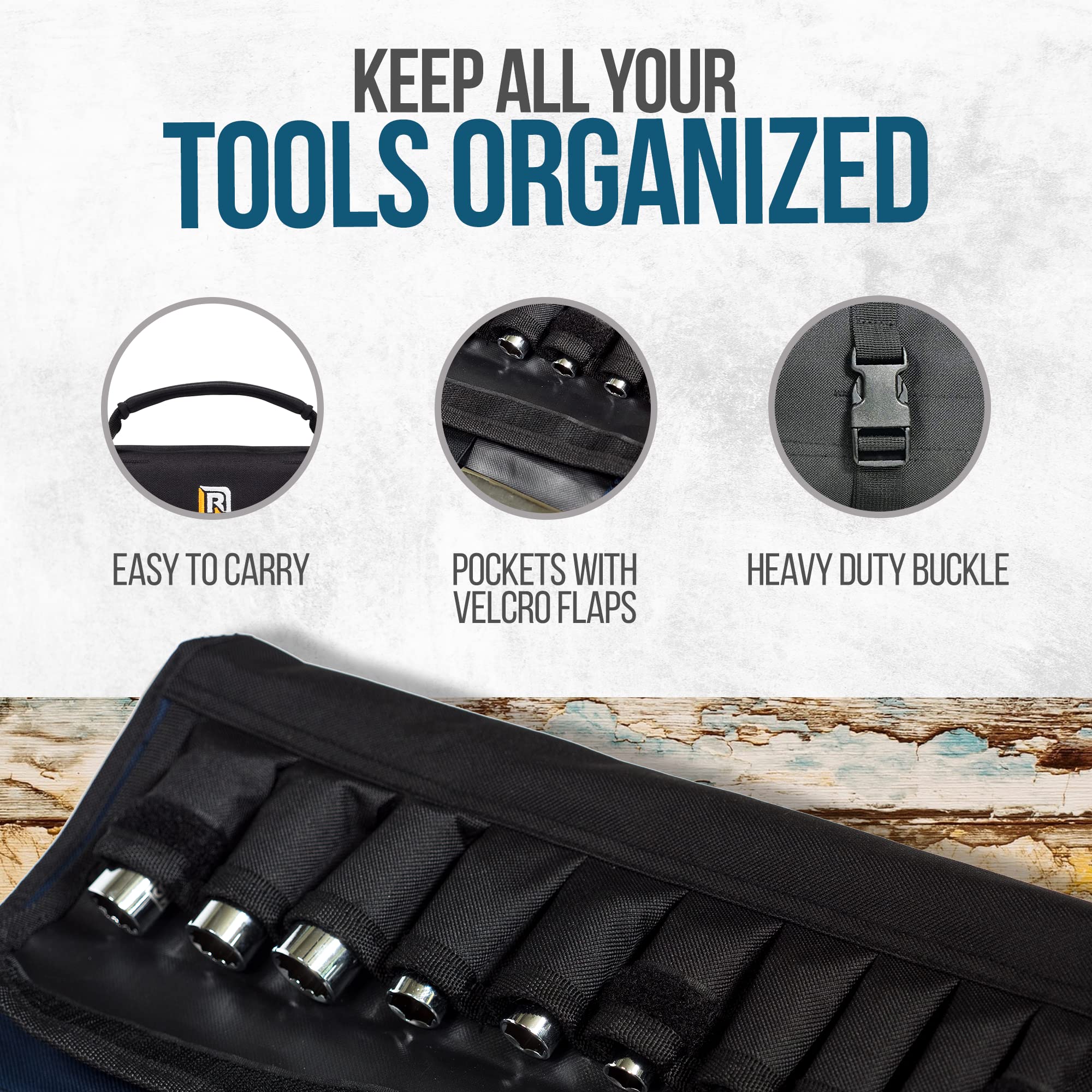 Rugged Tools 32 Pocket Heavy Duty Tool Roll Organizer - Wrench Roll Pouch with 10 Socket Holders | Durable Tool Bag for Electricians, HVAC Technicians, Plumbers, Carpenters & Mechanics | Perfect for Workshop, Job Site & Vehicle Tool Storage