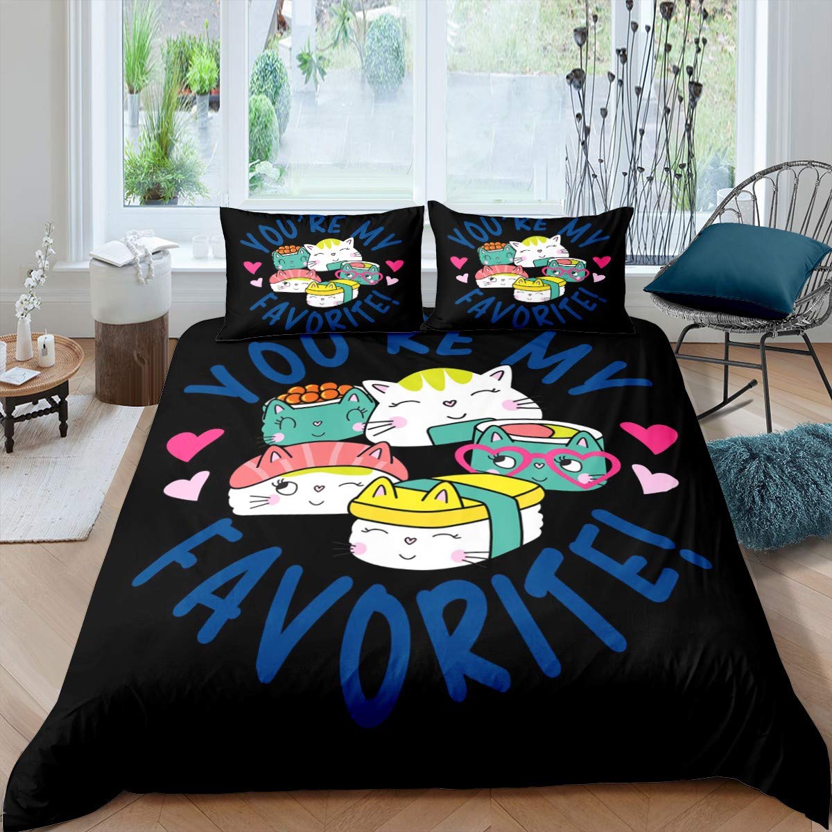 Erosebridal Kids Sushi Cat Duvet Cover Set - Twin Size Japanese Style Cartoon Bedding for Boys & Teens - Cute Wildlife Sea Animal Comforter Cover - Perfect for Bedrooms, Dorms & Sleepovers