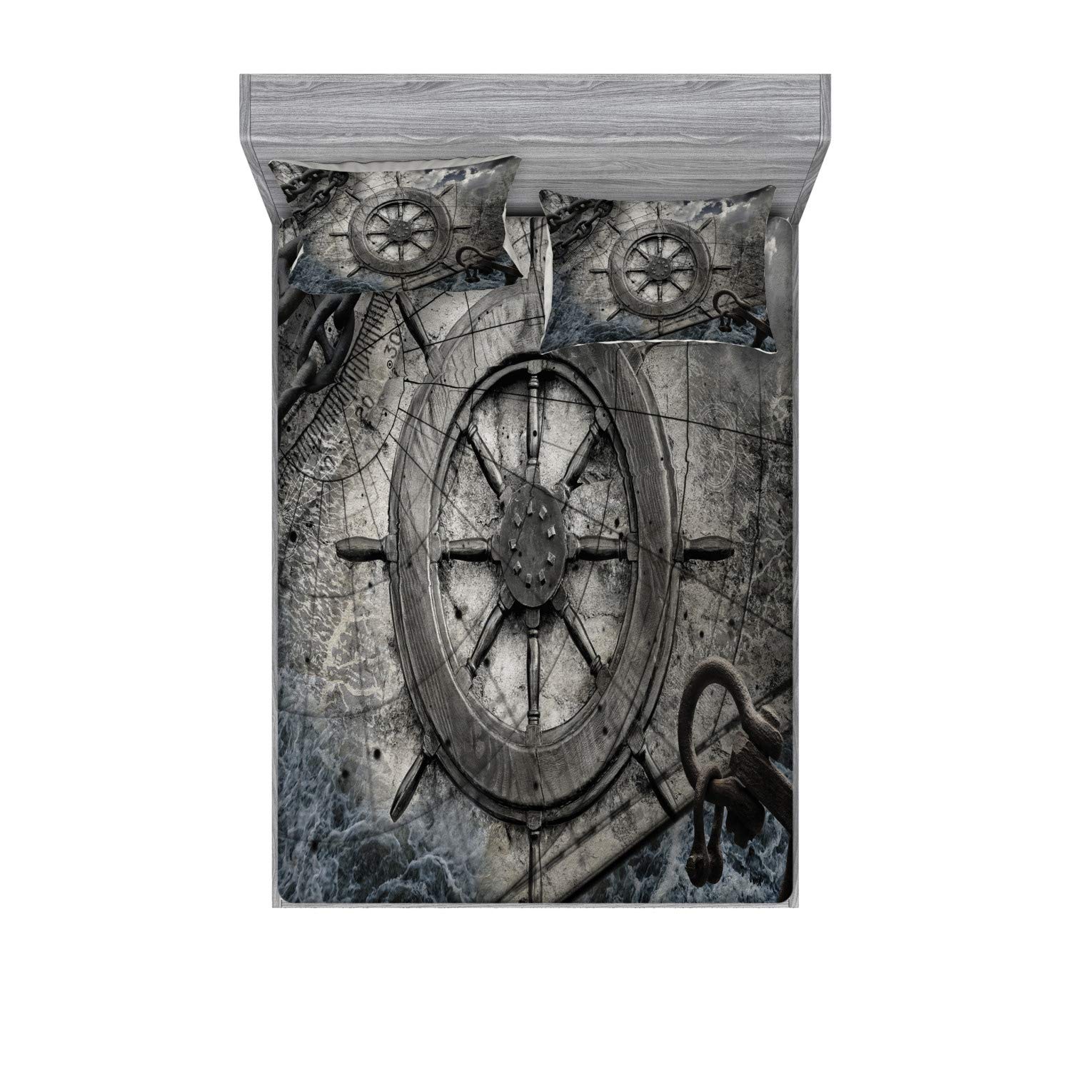 Ambesonne Nautical Themed 3-Piece Queen Bedding Set - Ships Wheel Fitted Sheet & Pillow Shams with Vintage Navigation Design in Charcoal | Perfect for Coastal, Maritime or Beach House Decor