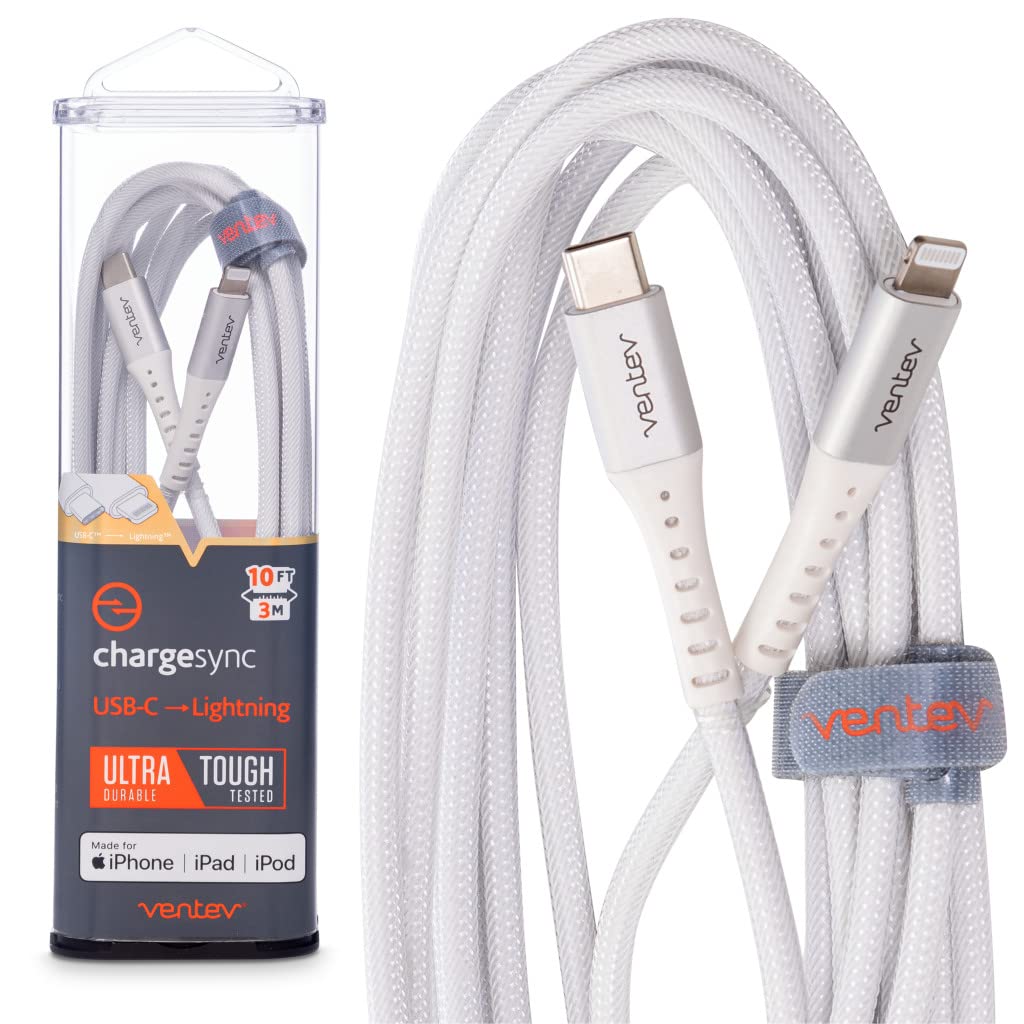 Ventev Alloy 10ft iPhone Fast Charging USB-C to Lightning Cable | Extra Long MFi Certified Apple Charger | Durable 100x Longer Life iPhone Charging Cord (White) - Perfect for Home, Office & Travel Use