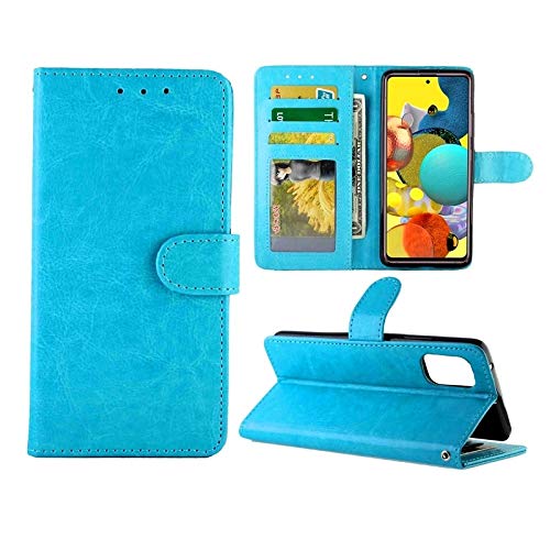 Samsung Galaxy A51 5G Leather Flip Phone Case with Card Holder, Wallet & Photo Frame - Crazy Horse Texture, Horizontal Flip Design, Protective Cover (Black/Sky Blue) - Perfect for Business, Travel & Everyday Use