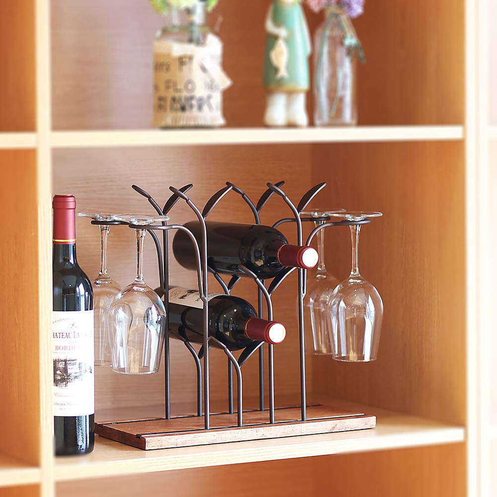 Wooden Tabletop Wine Rack Holder - Holds 4 Bottles & 4 Glasses - Bronze Metal & Wood Countertop Wine Storage - Perfect for Home Bar, Kitchen, Dining Room, Wine Cellar, Cabinet & Pantry Organization - Elegant Wine Display for Parties & Entertaining