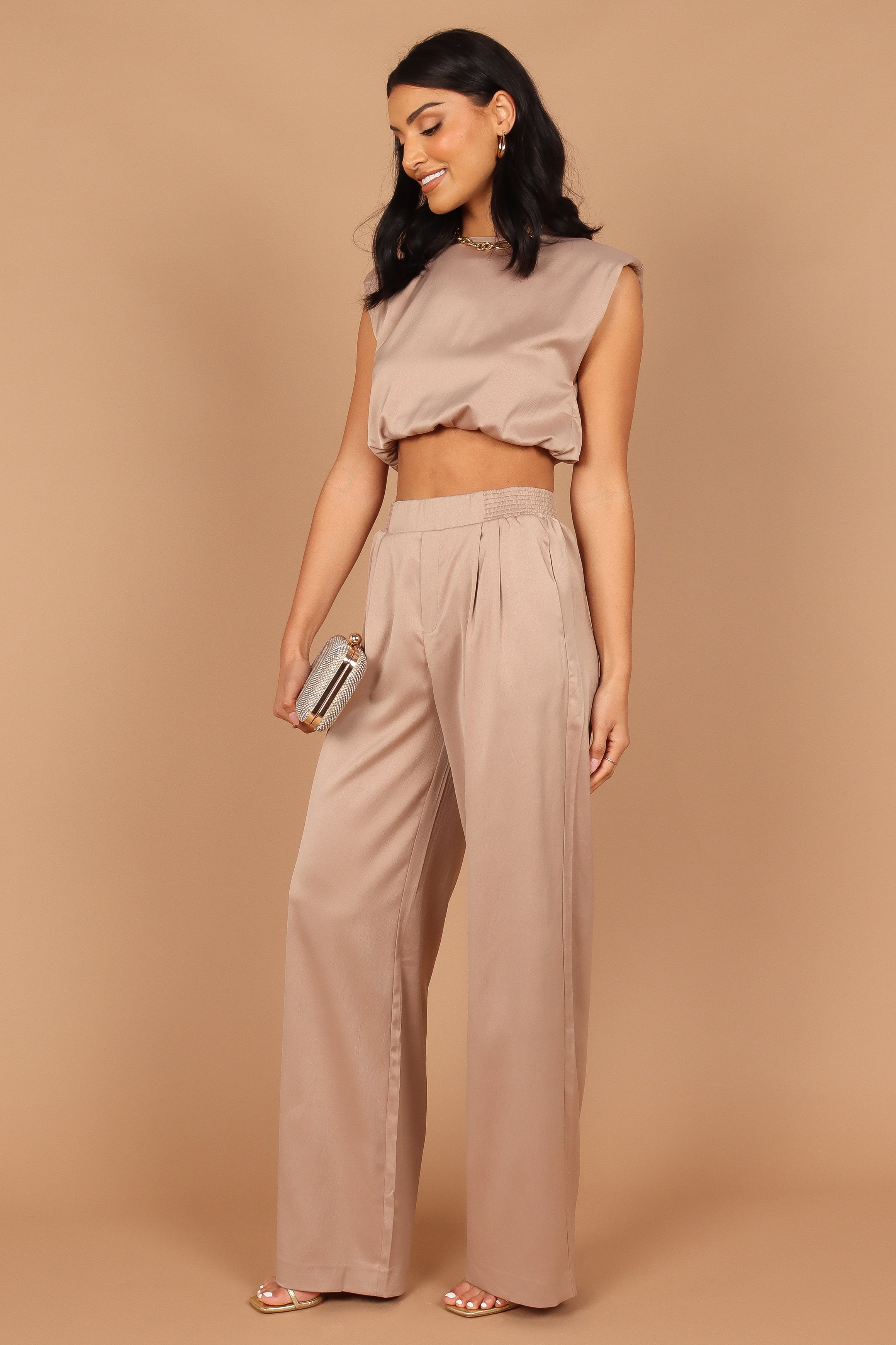 Elia Crop Top and Palazzo Pant Set - Women's Casual Outfit in Mocha | Perfect for Summer, Beach, and Boho Fashion