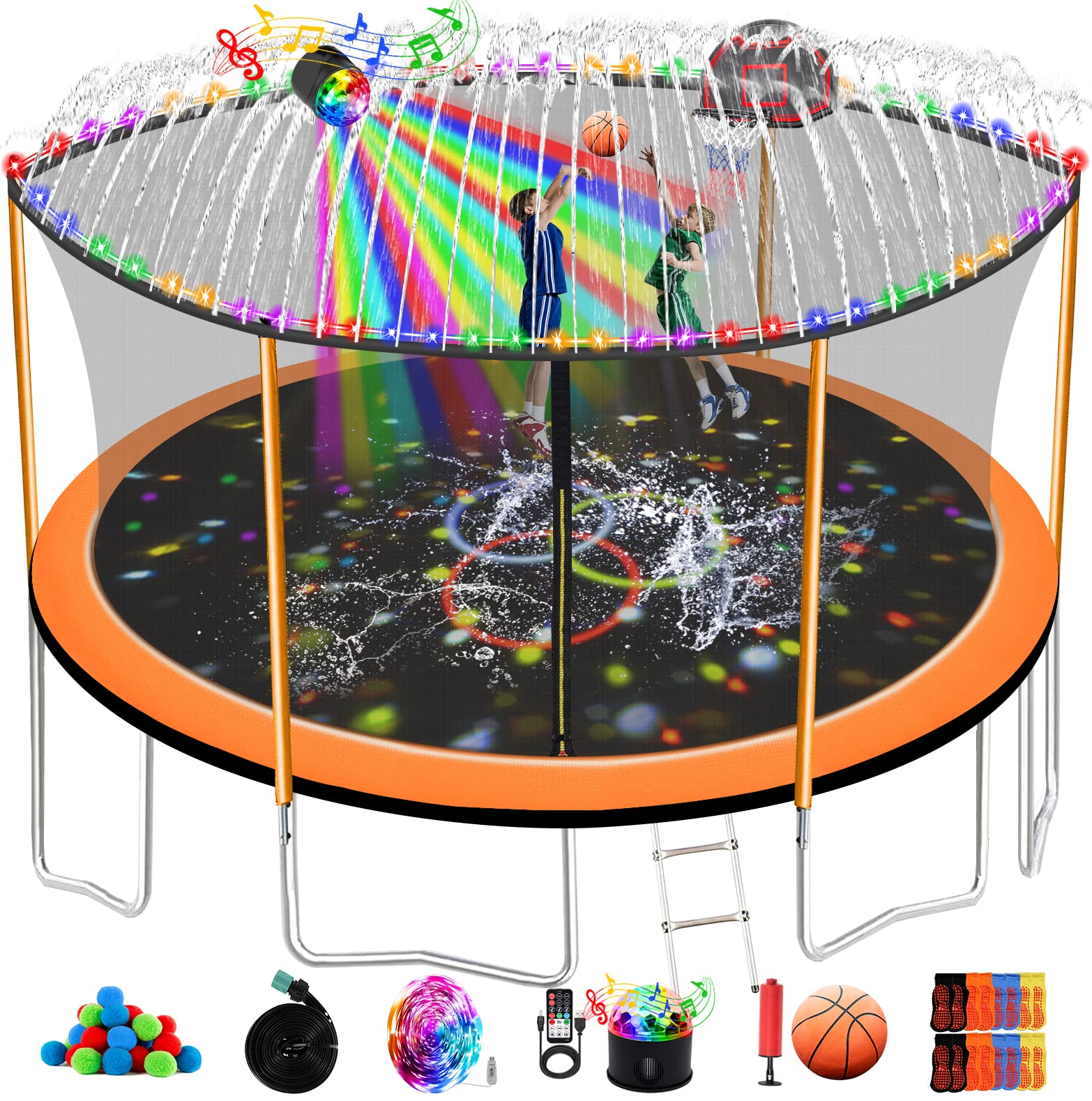 Pvillez 1500LBS Heavy Duty Trampoline for Adults & Kids (8-10) - 12FT/14FT/16FT with Safety Enclosure Net, Basketball Hoop, Ladder, Sprinkler, Water Balls, LED Lights & Bluetooth Speaker | Includes Bonus Socks | ASTM & CPSIA Certified | Perfect for Backyard Fun, Outdoor Exercise & Family Entertainment