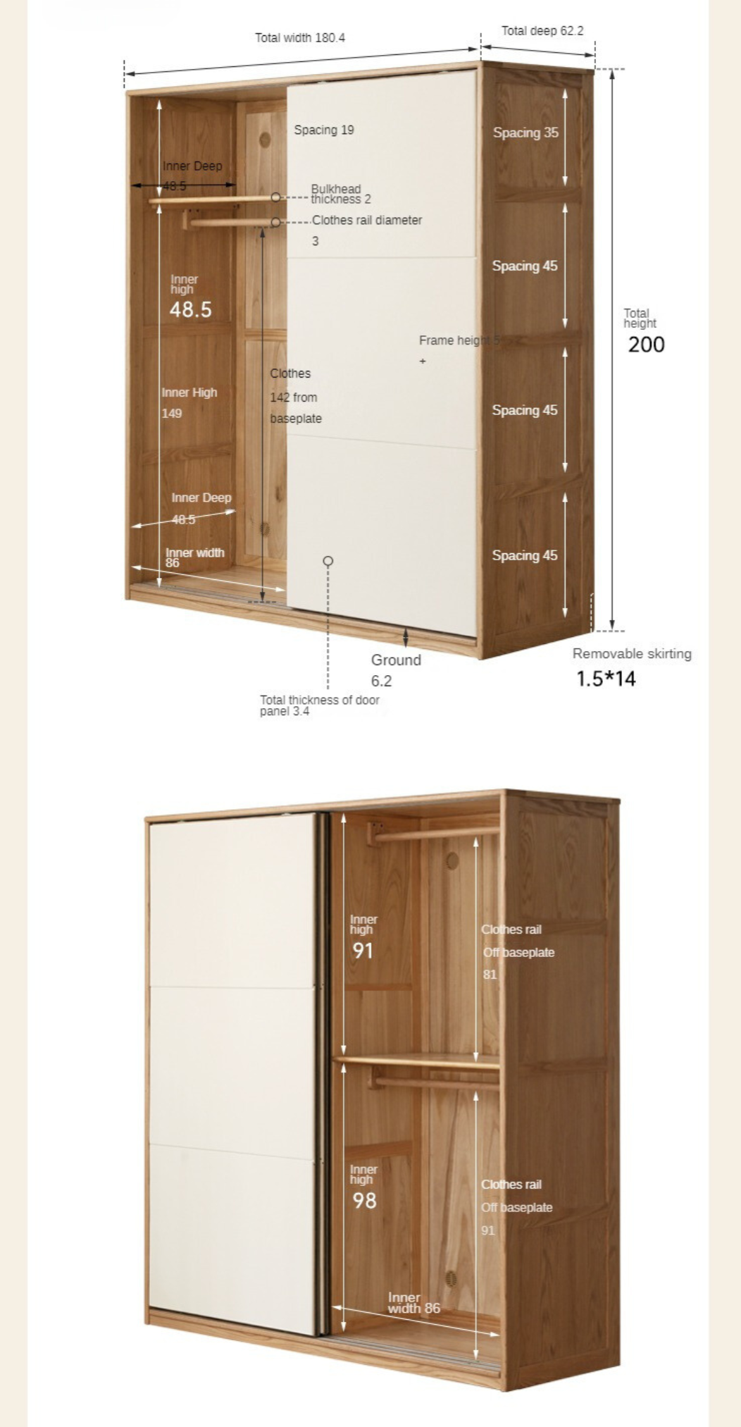 Solid Oak Wood Sliding Door Wardrobe Closet - Spacious Storage for Bedroom, Closet, and Home Organization