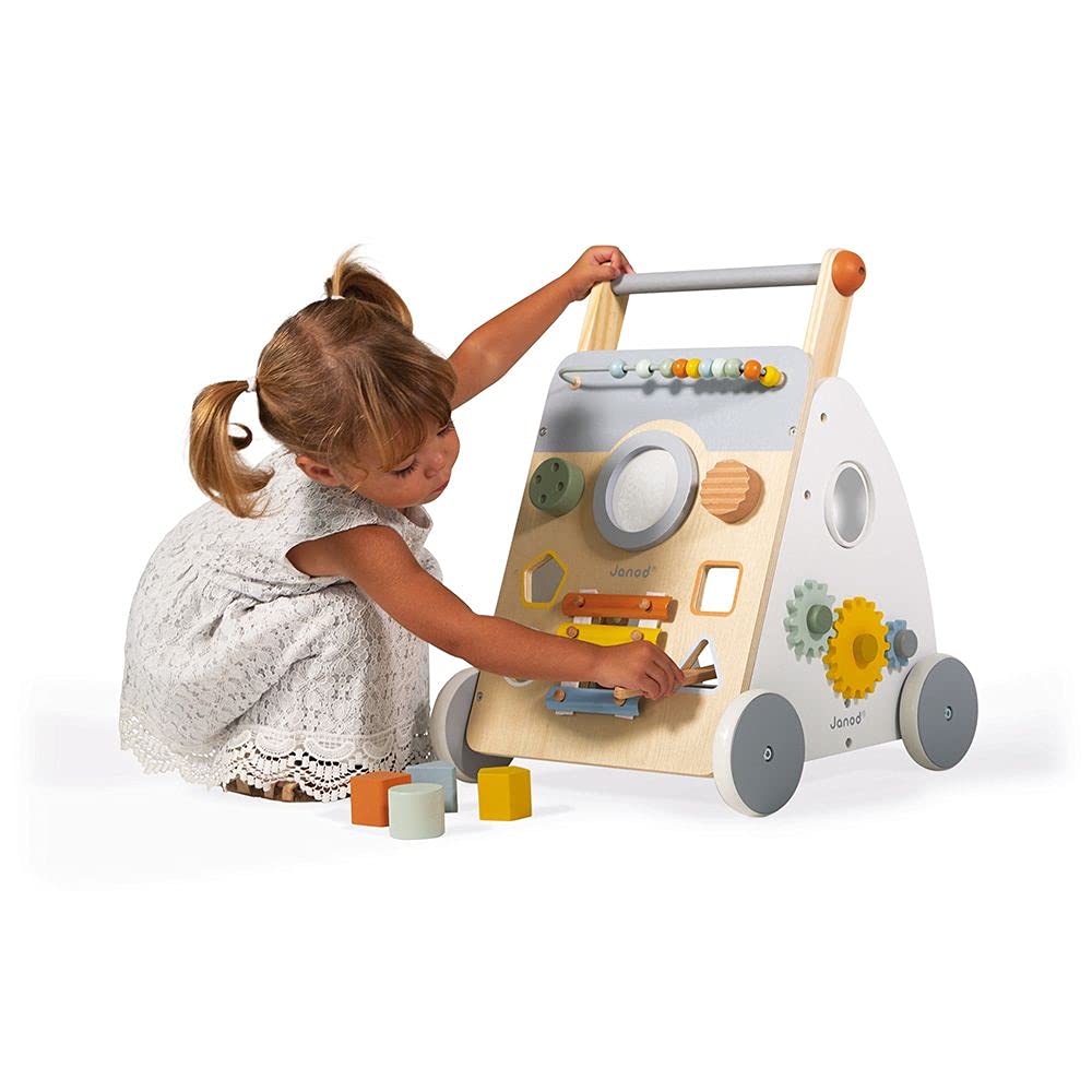 Janod Sweet Cocoon Wooden Multi-Activity Baby Walker for Toddlers 12-24 Months | Learning Push Toy with Bead Maze, Shape Sorter & Music | Montessori Educational Toy for First Steps | Nursery, Playroom & Daycare Essential (J04410)