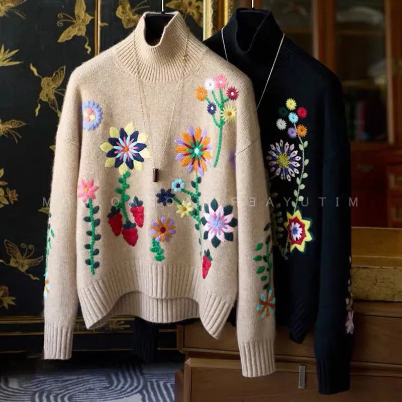 Women's Floral Embroidered Knit Sweater - Loose Fit Turtleneck Pullover for Autumn & Winter | Cozy Long Sleeve Casual Top for Work, Dating & Holiday Outfits