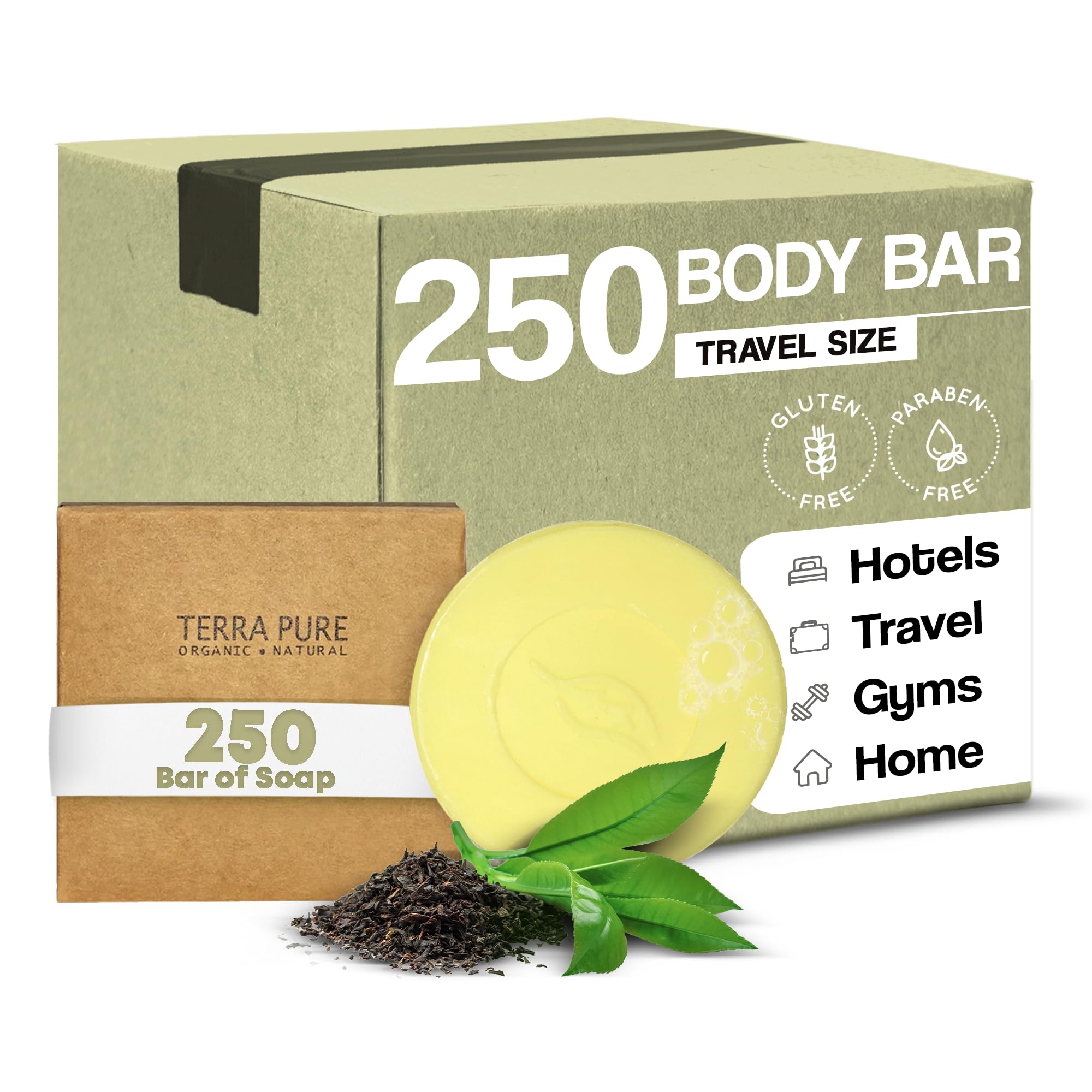 Terra Pure Bar Soap - 1.5 oz Travel Size (Pack of 250) | Natural Hotel Amenities for Guests & Eco-Friendly Travel Toiletries | Perfect for Hotels, Airbnb, Gyms & Travel Kits