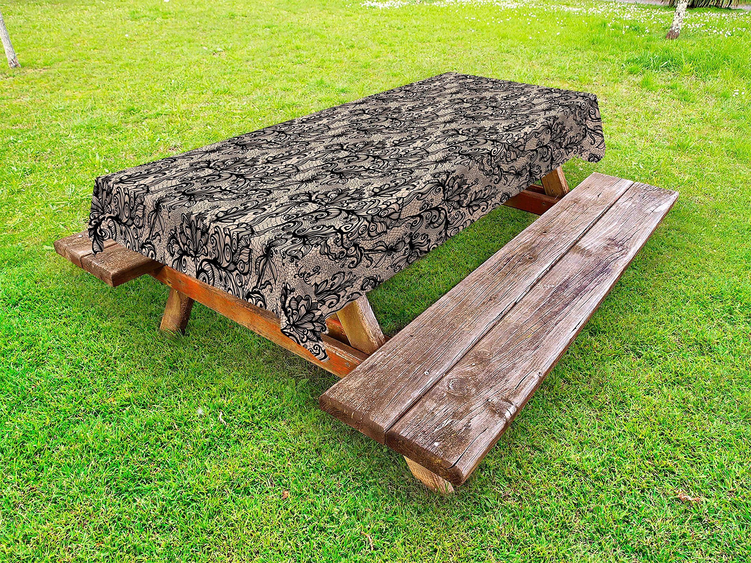 Ambesonne Gothic Outdoor Tablecloth - Vintage Floral Baroque Design, Washable Picnic Table Cover 58x84 Inches, Blush Black - Perfect for Garden Parties, Tea Time & Gothic-Themed Events