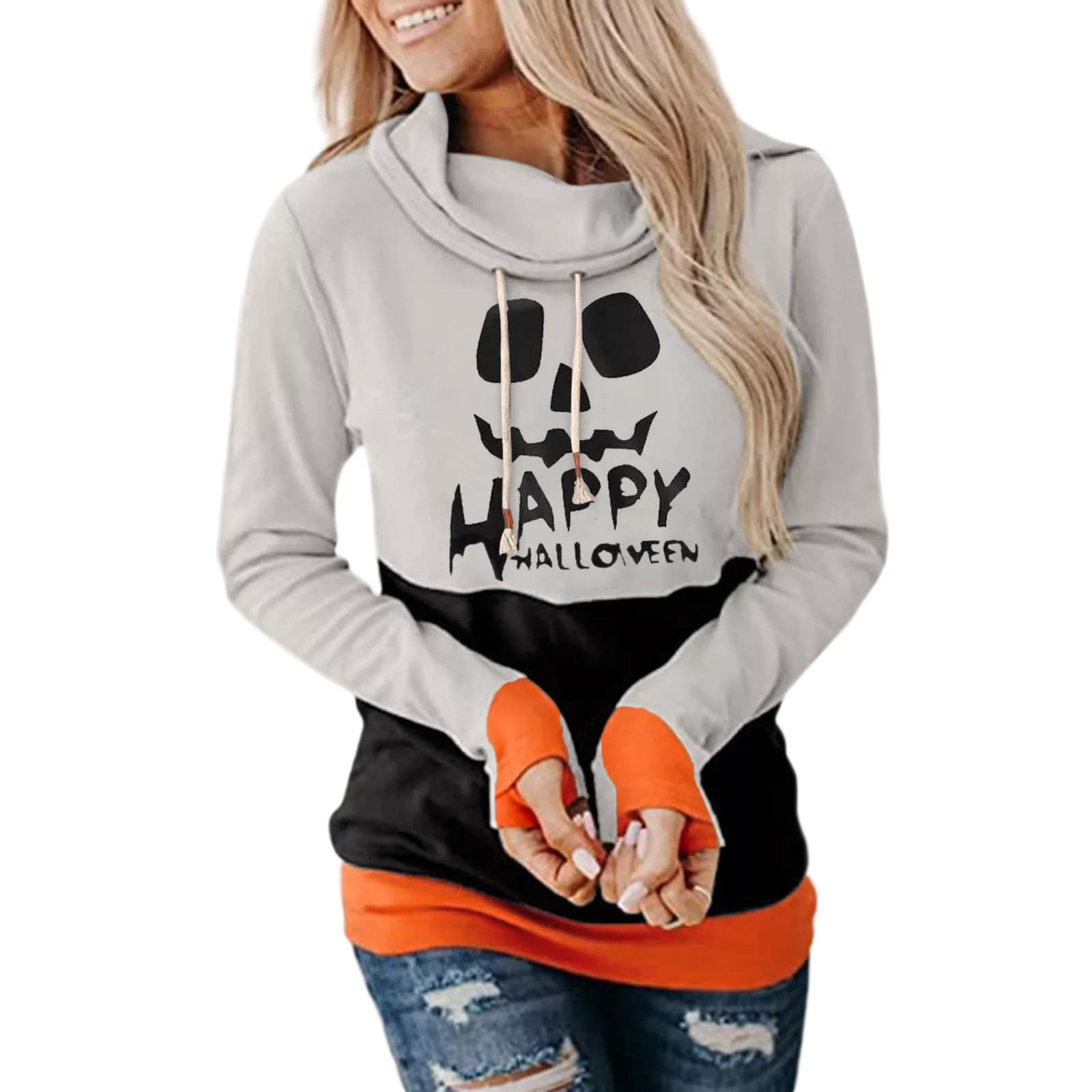 Funny Skeleton Pumpkin Printed Women's Halloween Hoodie Sweatshirt - Cozy Long Sleeve Casual Top for Halloween Parties, Trick or Treating & Fall Outfits