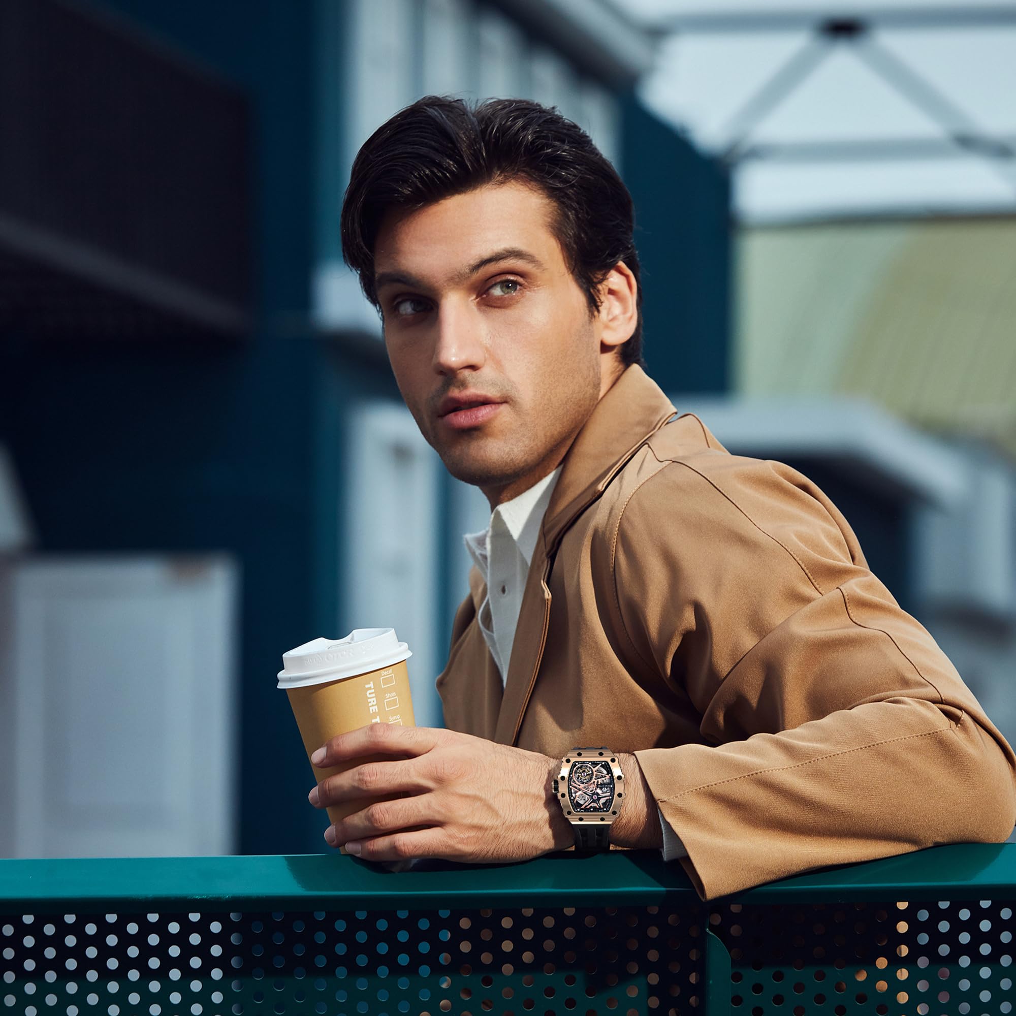 TSAR BOMBA Men's Luxury Automatic Skeleton Watch - Silver Square Big Face with Silicone Strap - 50M Waterproof Analog Watch for Business, Work & Formal Occasions - Unique Cool Gift for Men