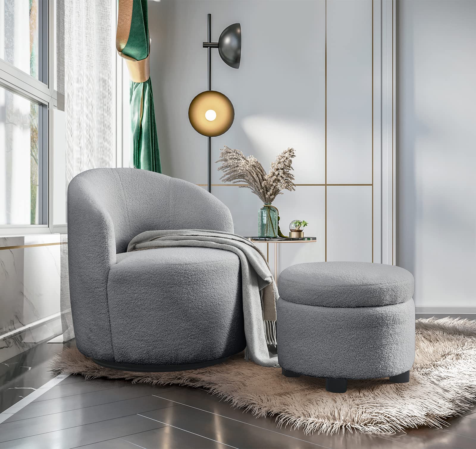 360° Swivel Barrel Chair with Storage Ottoman - Comfy Boucle Sherpa Accent Chair for Living Room, Bedroom & Nursery - Modern Grey Teddy Fabric Club Chair - Perfect for Small Spaces, Reading Nook & Cozy Corners