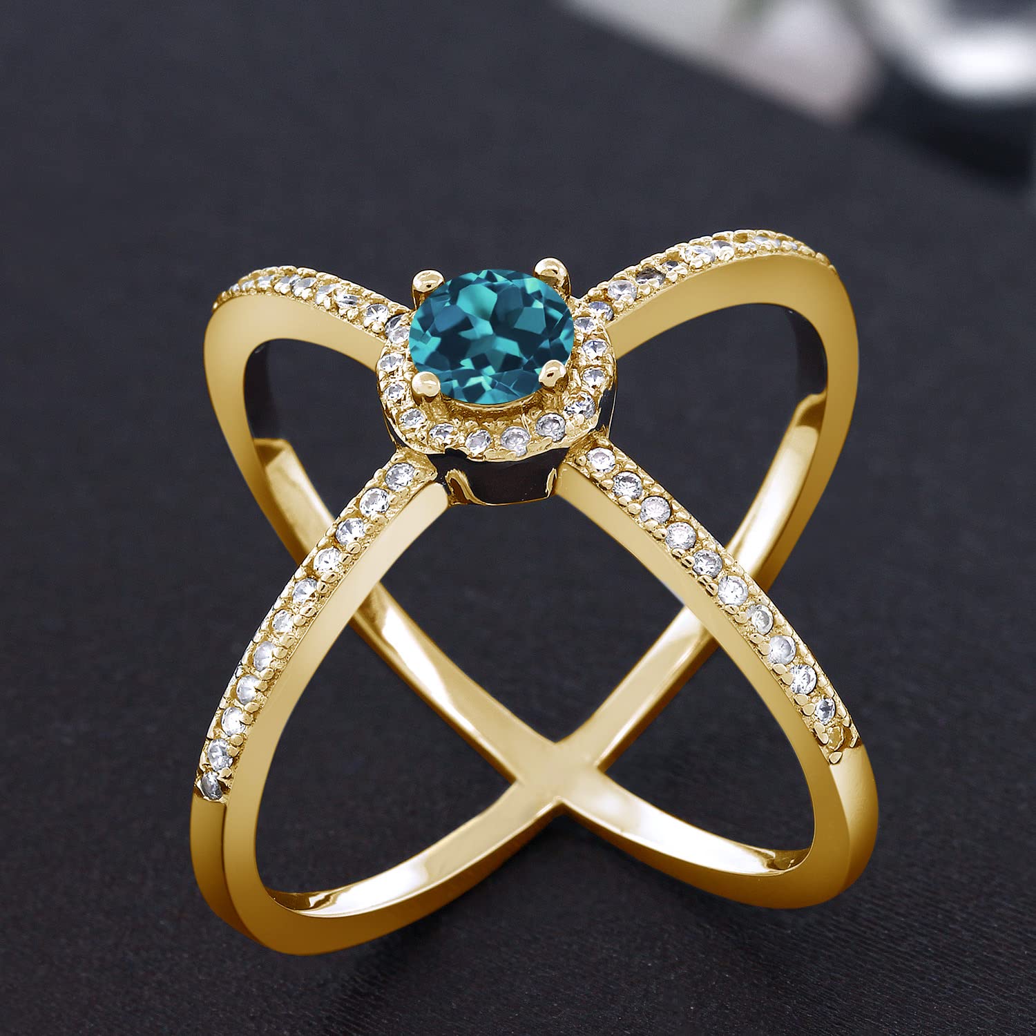 1.52 Ct London Blue Topaz Criss Cross X Ring - 18K Yellow Gold Plated Sterling Silver - Elegant Gemstone Jewelry for Women, Perfect for Weddings, Parties & Special Occasions