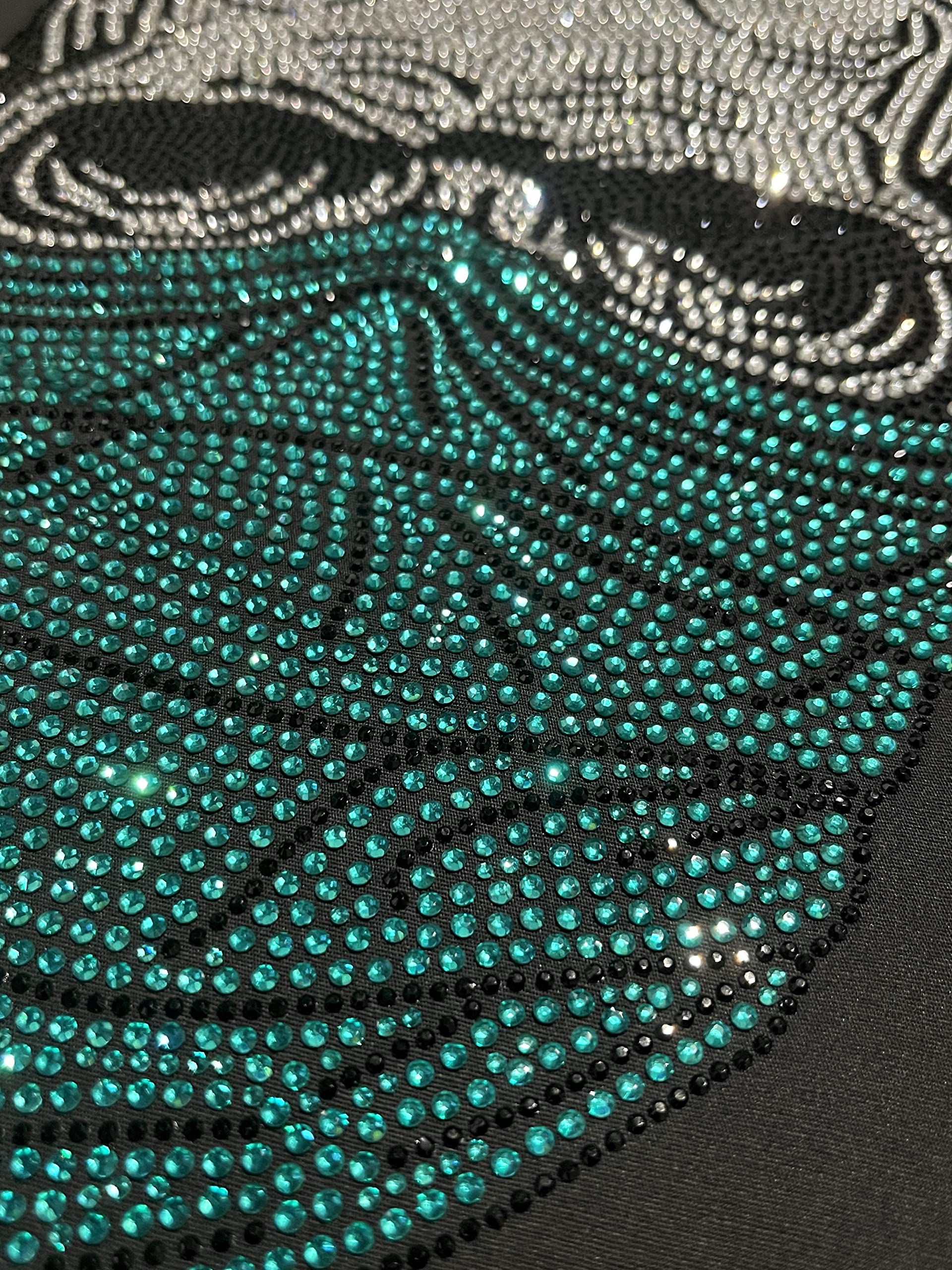 Rhinestone Skull Heat Transfer Patch - Green Mask Iron-On with Hot Fix Crystals for DIY Apparel & Costumes | Perfect for Halloween, Cosplay, and Fashion Accessories
