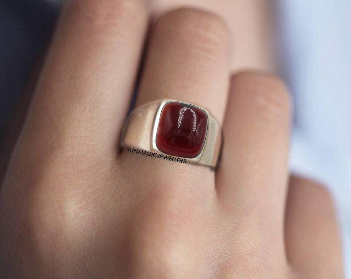 Handmade Sterling Silver Garnet Gemstone Signet Ring for Men - Unique Red Statement Jewelry for Gifts, Weddings & Formal Occasions