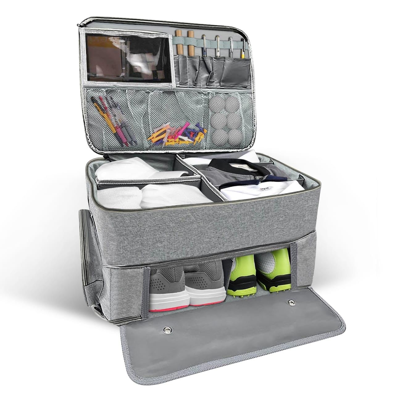 2 Layer Waterproof Golf Trunk Organizer for Car - Ventilated Shoe Compartment with Pockets for Balls, Tees & Gloves - Golf Storage Bag for Men - Perfect for Golf Gear Organization & Car Travel Accessories
