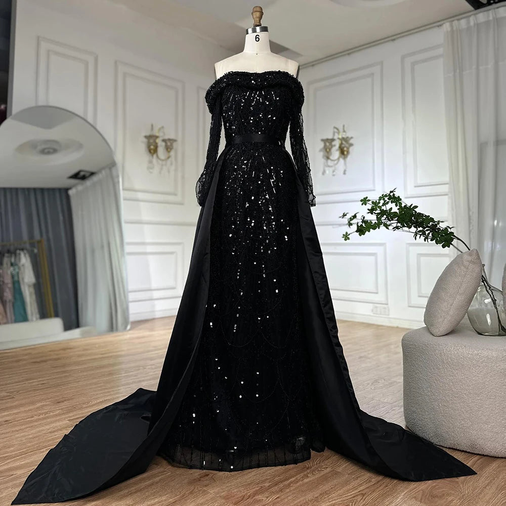 Luxury Black Off Shoulder Beaded Corset Evening Gown with Detachable Satin Overskirt - Dubai Inspired Formal Dress LA72254B for Prom, Wedding & Red Carpet Events