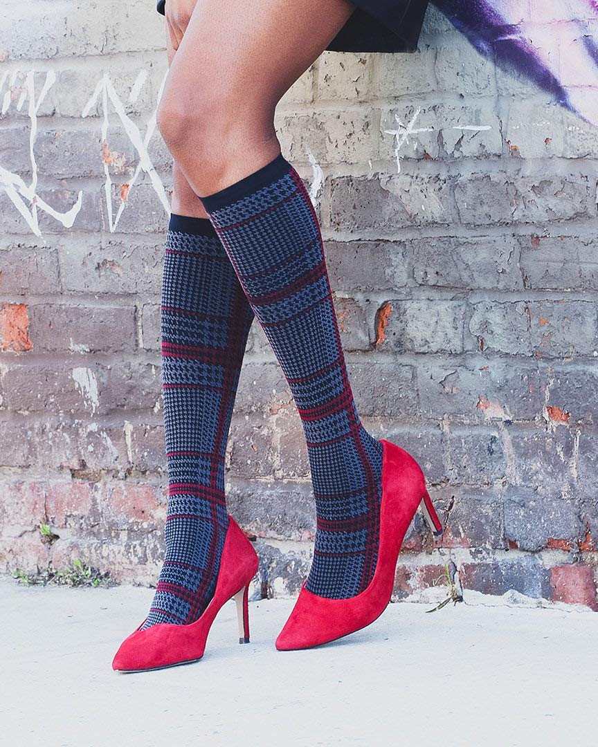 MeMoi Women's Printed Plaid Nylon Knee High Socks - Fashionable & Comfortable Winter Socks for Women, Perfect for Boots, Outfits & Cold Weather