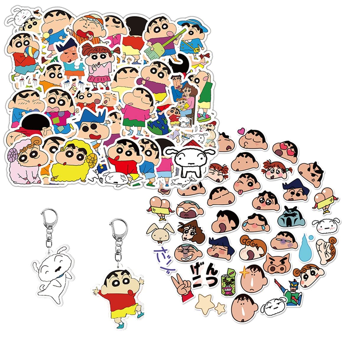 Kilmila Shin Cute Stickers 100 Pcs with Two Keychains - Perfect for Teens, Laptop Decoration, Luggage Tags, Party Supplies, and Gift Ideas for School, Office, and Home Use
