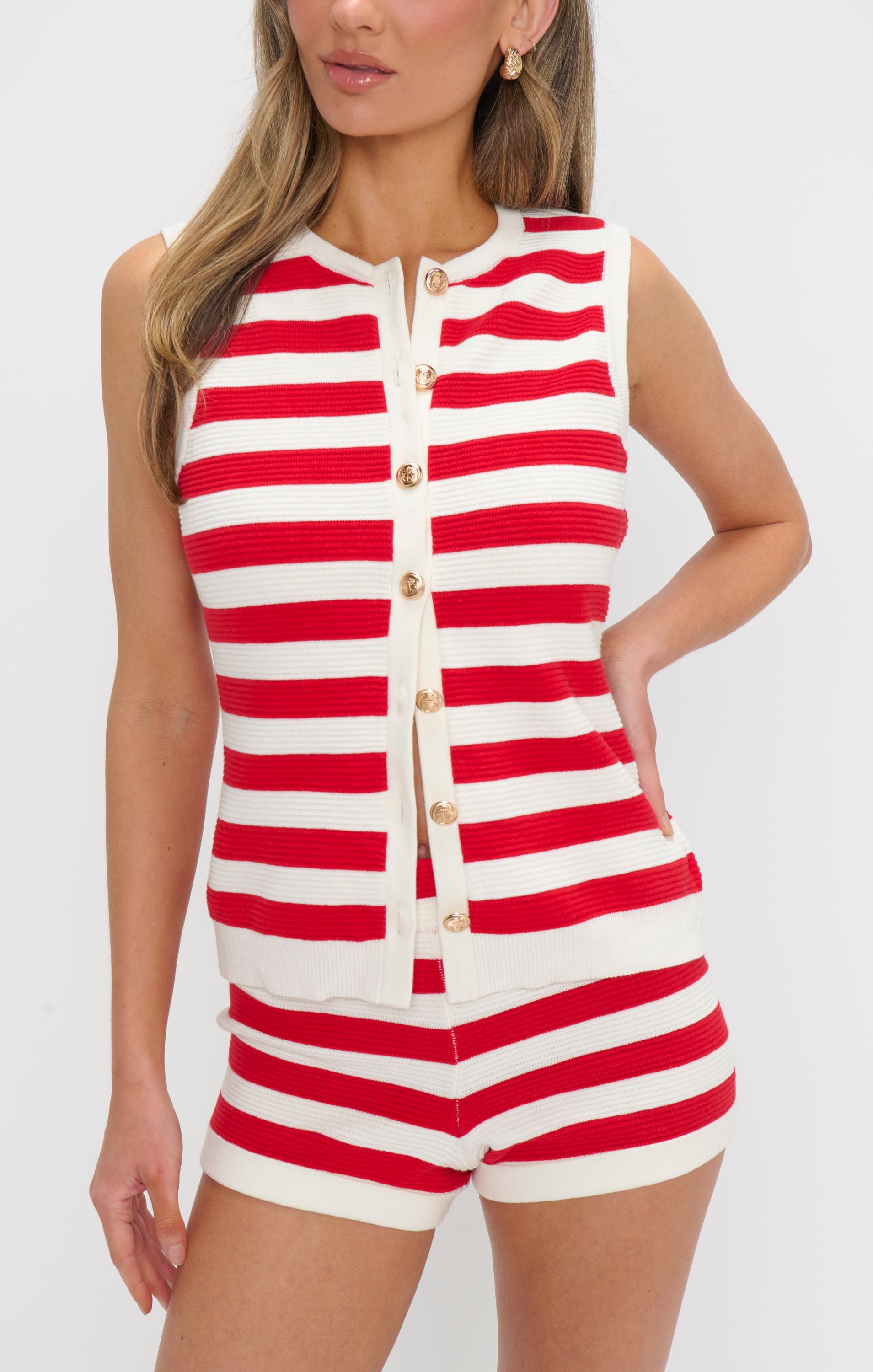 Devin Tank Top - Red Stripe Delight Knit Women's Casual Shirt for Summer Beach & Vacation Outfits