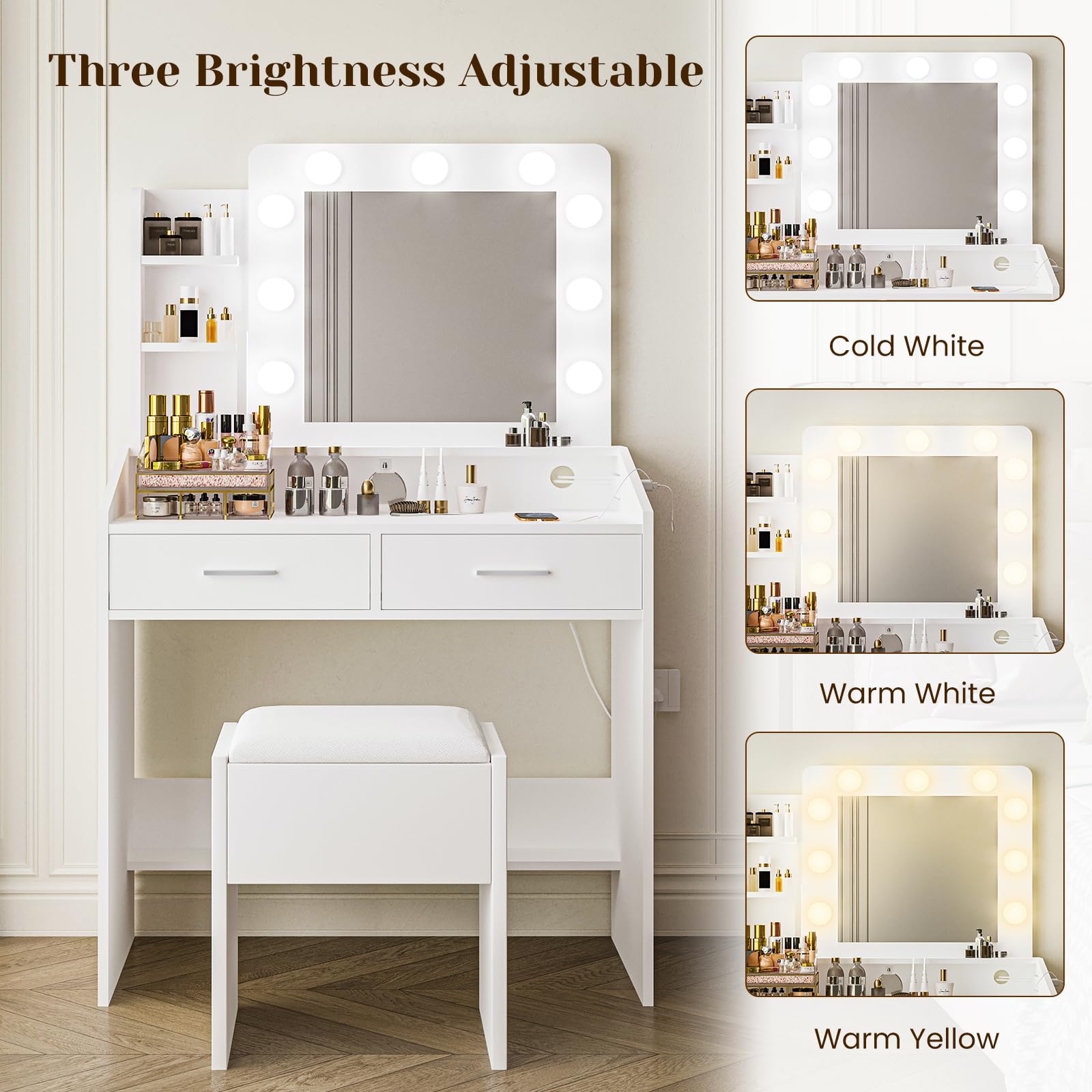 Vanity Desk with Mirror and Lights - Adjustable Brightness Makeup Vanity Set with Power Outlet, Cushioned Stool & 3 Lighting Modes, White Dressing Table with Hairdryer Holder for Bedroom, Bathroom & Salon Use