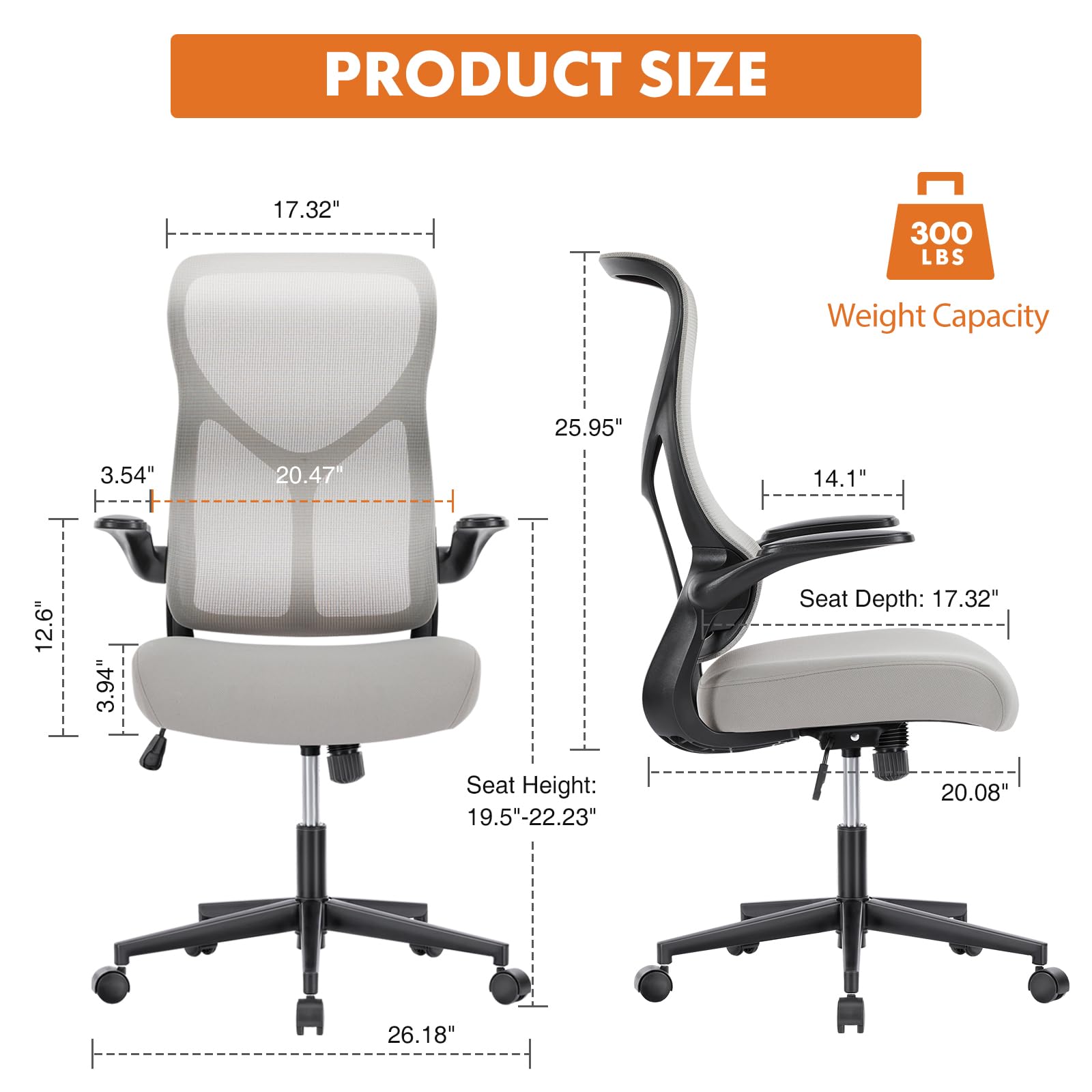 Ergonomic Office Chair with High Back - Adjustable Swivel Rolling Desk Chair with Flip-Up Arms & Breathable Mesh - Comfortable for Home Office, Gaming & Work - Grey